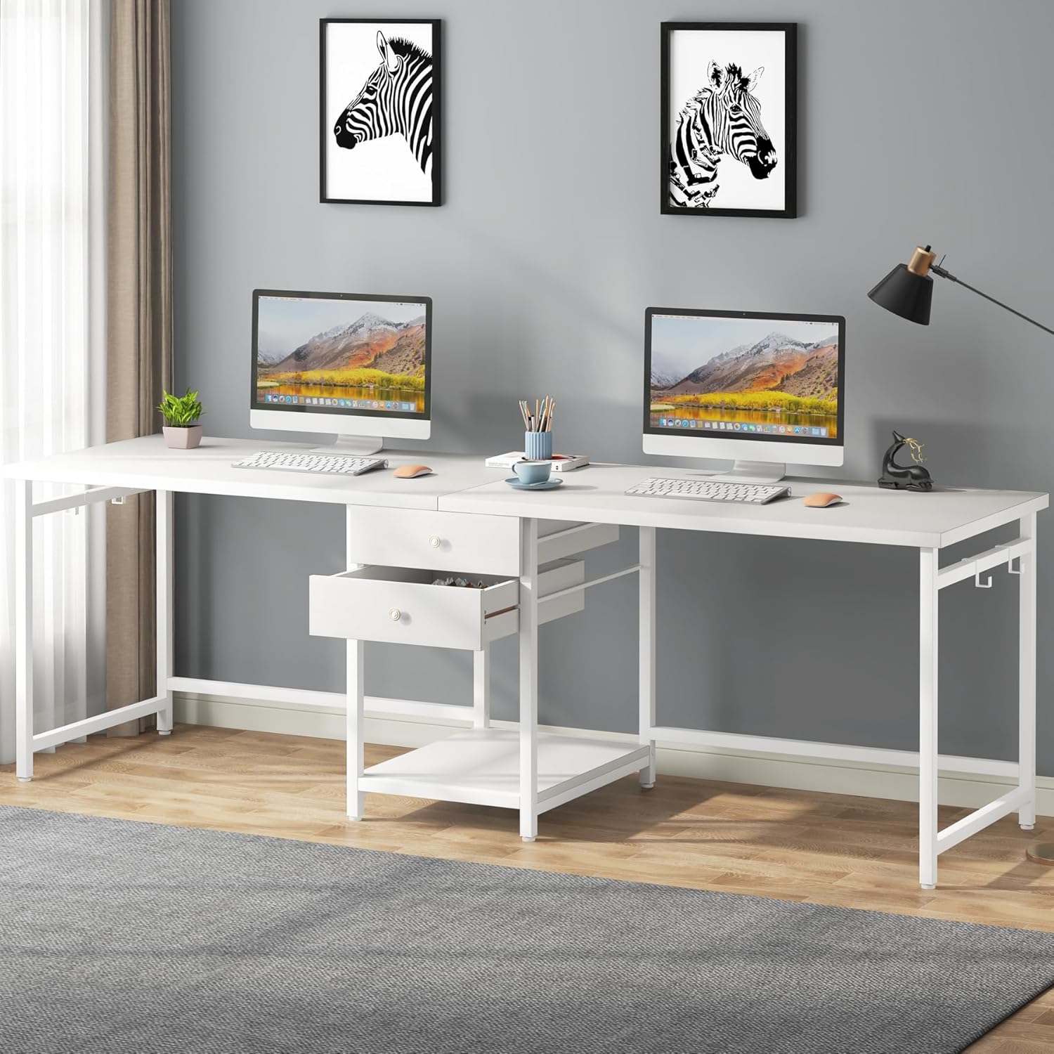 Tribesigns 79 Inch Extra Long Double Desk with 2 Drawers, Two Person Computer Desk with Storage Shelves, Writing Table Study Desk for Home Office, White