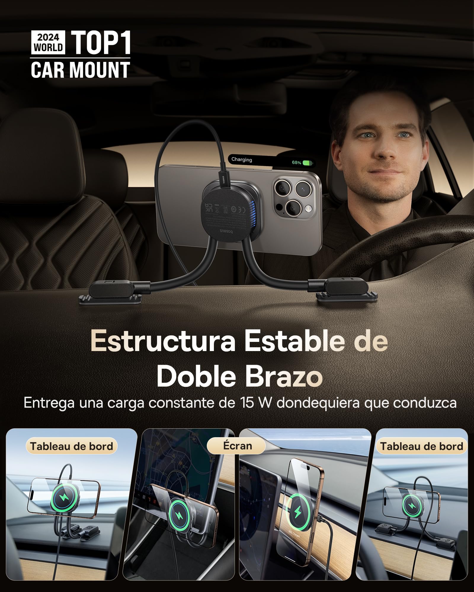 Baseus 15W C03s Pro Cargador Inalambrico Coche con MagSafe, Carga Rápida Soporte Teléfono Coche Magnético, Soporte Móvil Coche Universal, Compatible con iPhone, Samsung, Smartphone