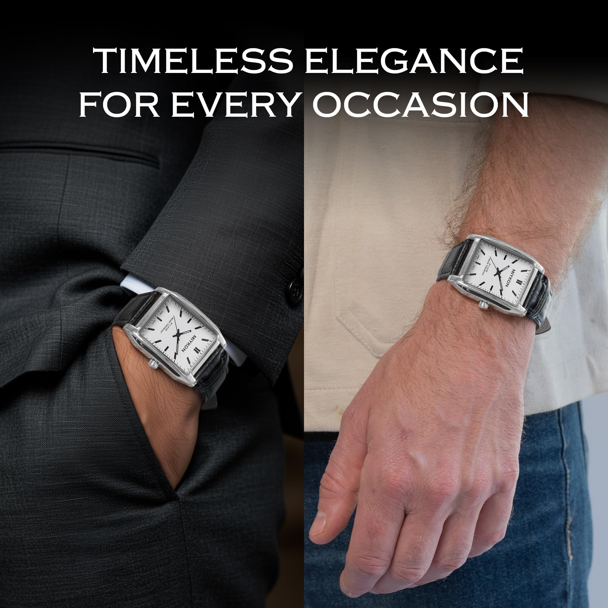 Miykon Orologi vintage da uomo, orologio quadrato da uomo con cinturino in vera pelle e lancetta dei secondi, lucidata agli ioni, lancette luminose, vetro resistente ai graffi, quarzo giapponese