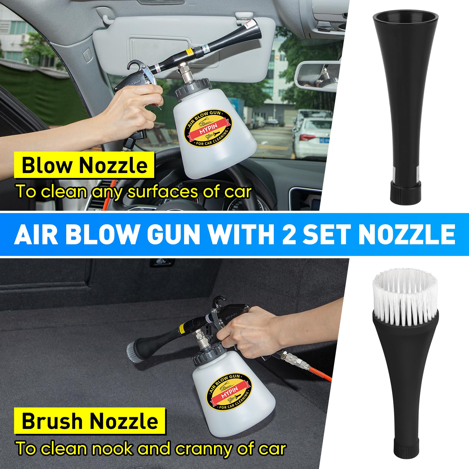 MYPIN Kit de Pistolet de Nettoyage de Voiture, 6-9,2 Bar, Pistolet à air comprimé Haute Pression avec 2 Buses, Nettoyage intérieur de Voiture pour siège de Voiture, Tapisserie, Tapis