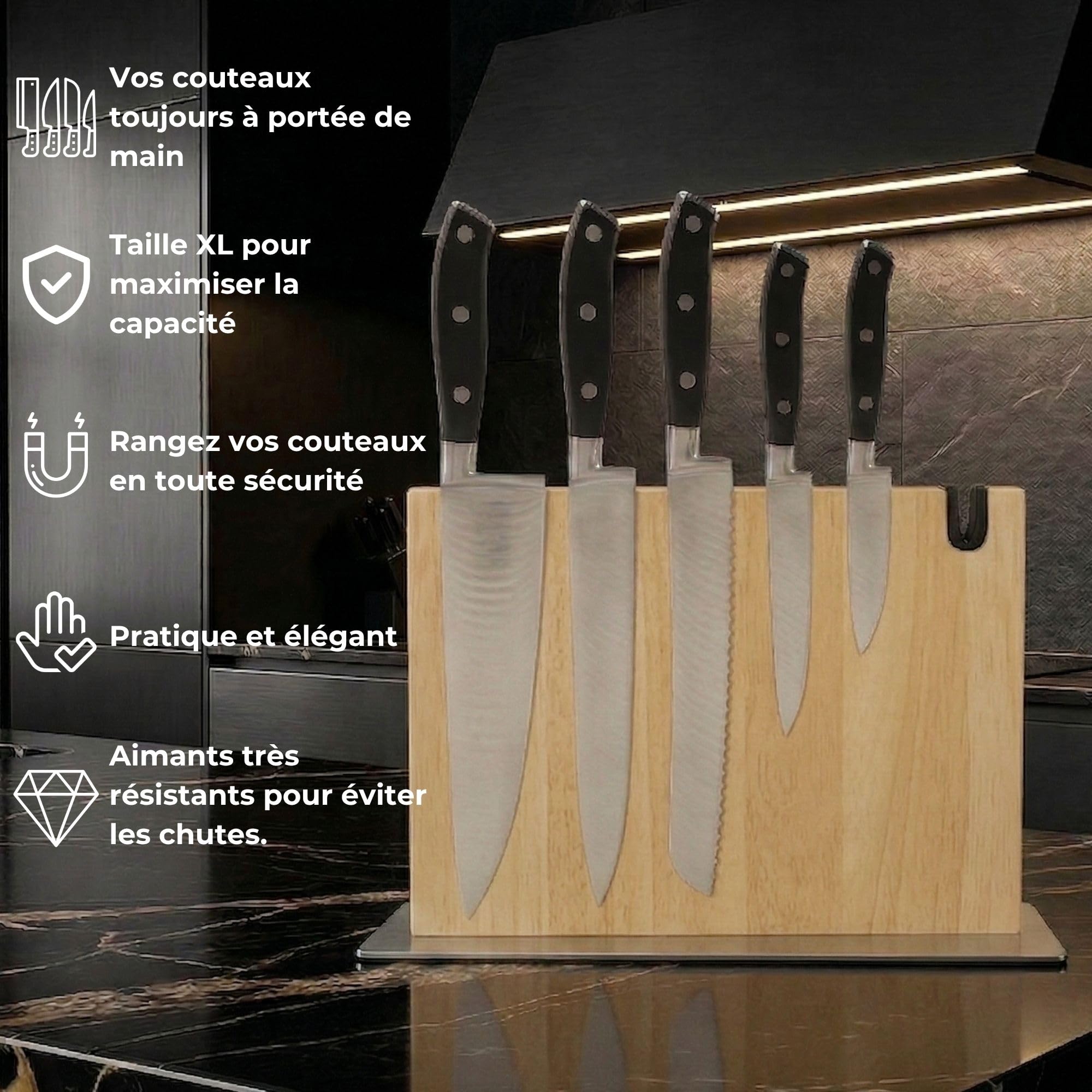Porte Couteaux Magnétique Cuisine XL avec Aiguiseur Support Magnétique Couteaux Cuisine fabriqué en Bois Massif Bloc Couteaux Magnétique Rangement Couteaux Cuisine Robuste et Élégant (Chêne)