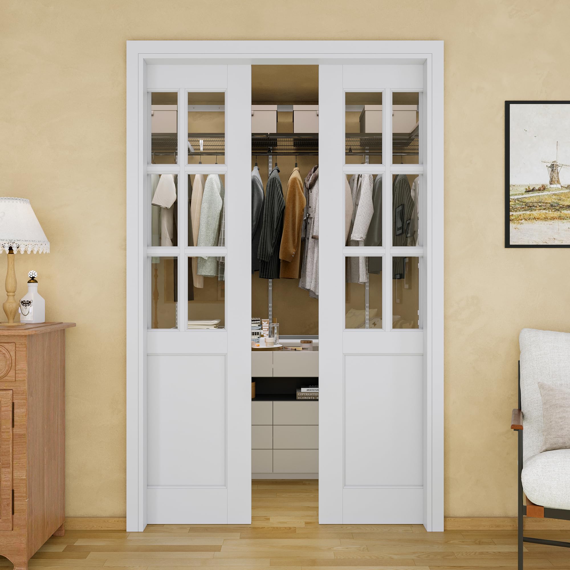 48x80 Double Glass Pocket Door,6-Lite Clear Glass Door,Sliding French Doors