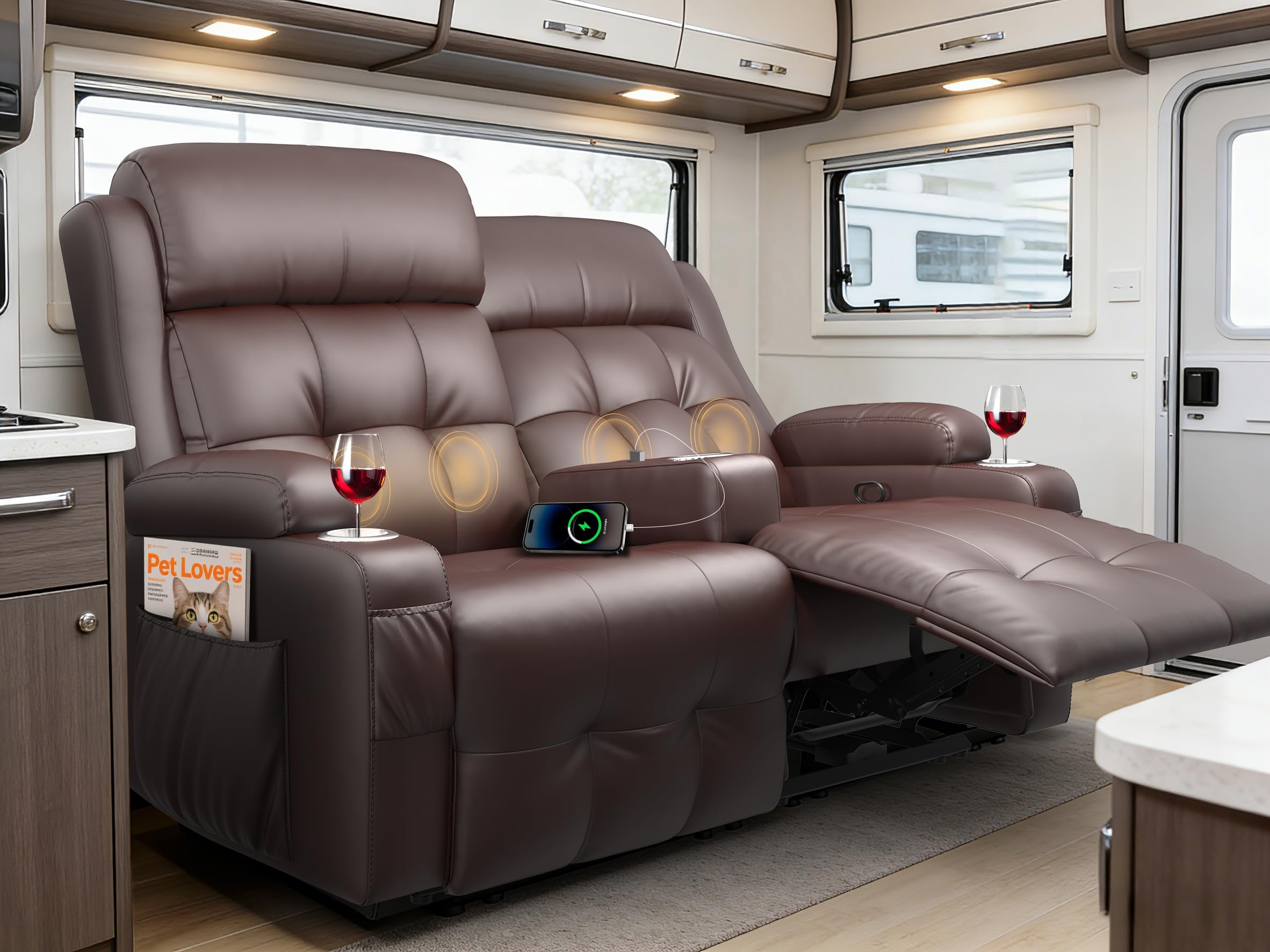Furgatti Reclining Loveseat, 55.1" RV PU Leather Wall Hugger Recliner Love Seats Sofa with Charging Station, Removable Armrest, Cup Holder, Double