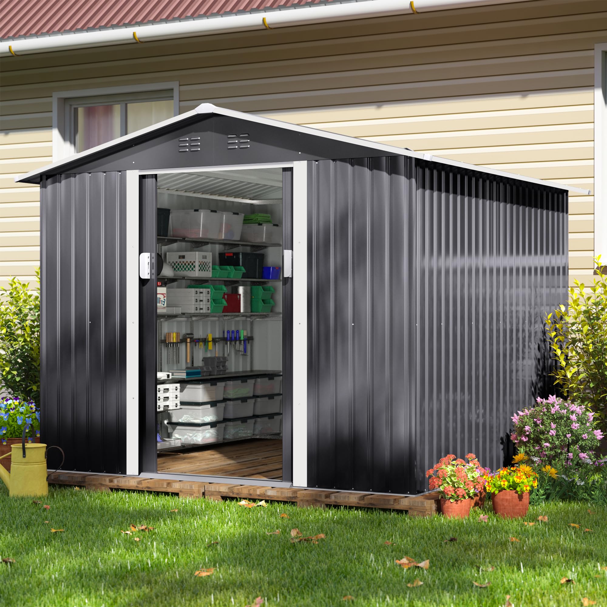 JAXPETY 8'x8' Garden Shed, Large Metal Lockable Outdoor
