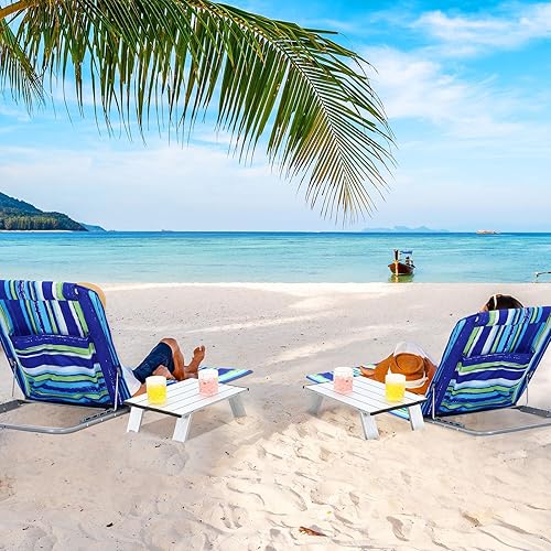 Miniatura 5 de 4 sillas de playa para adultos con 2 mesas plegables, portátil, ajustable, ligera, reclinable, silla de playa para césped, patio, tomar el sol,