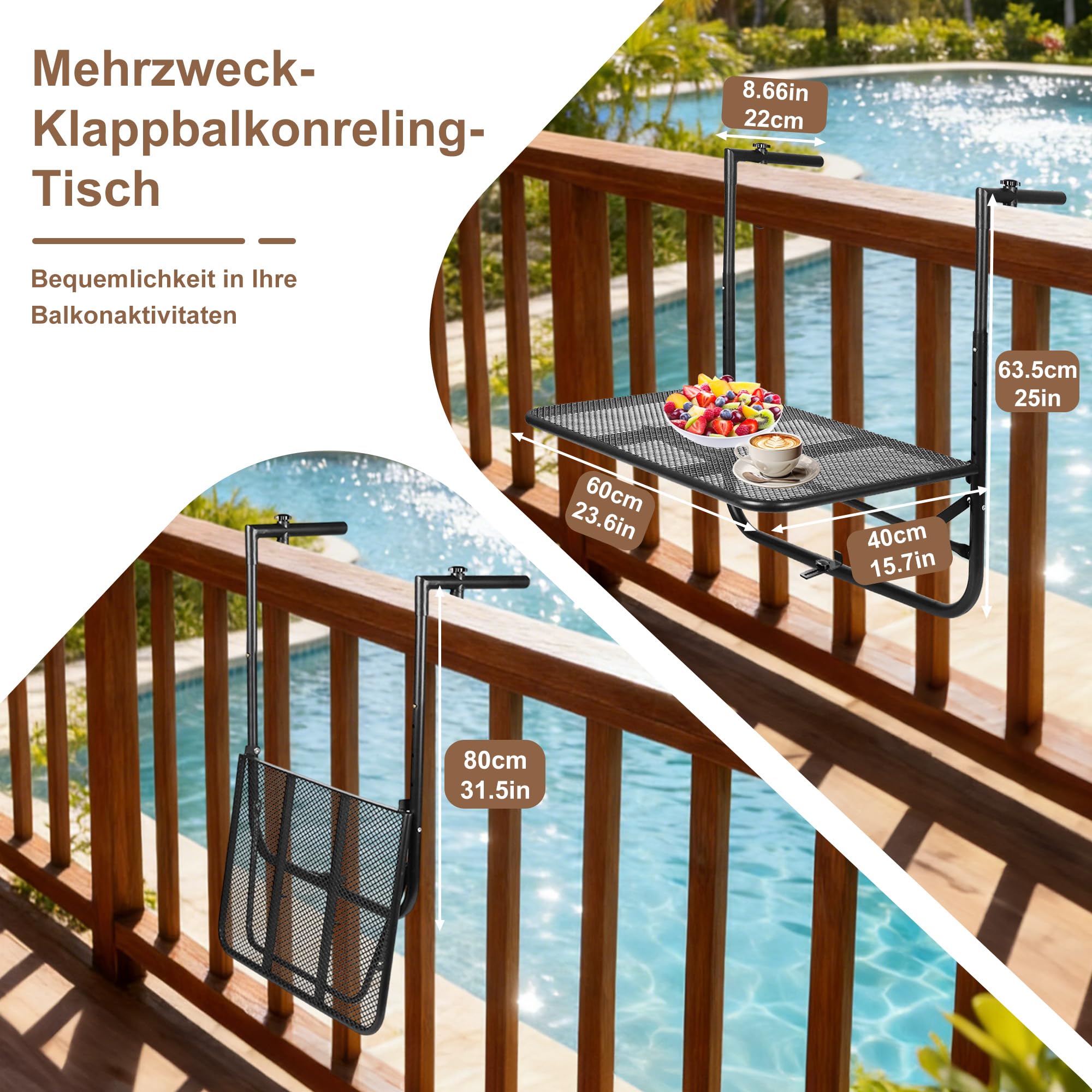 Tavolo sospeso per ringhiera da balcone, in metallo, stabile struttura triangolare, regolabile a 4 livelli, tavolo da balcone pieghevole, tavolo sospeso, tavolo pieghevole per giardino, balcone