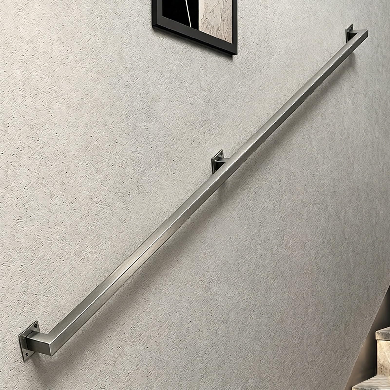 Hamankim One Color 1Ft-20Ft Handrail For Stairs, Safety Wall Mounted Stainless Steel Banister Square Tube Grab Rail - Complete Kit, Rust-Resistant Non-Slip Support Handle - Silver(1Ft/0.3M)