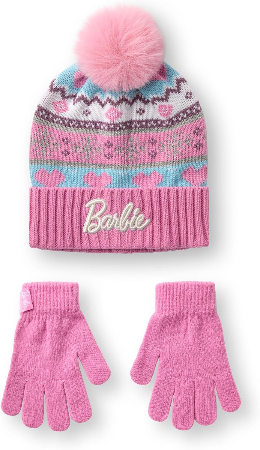 Barbie Girls Pink Fair Isle Beanie and Gloves Set - One Size | Winter Knit Accessories for Kids Fair Isle Design