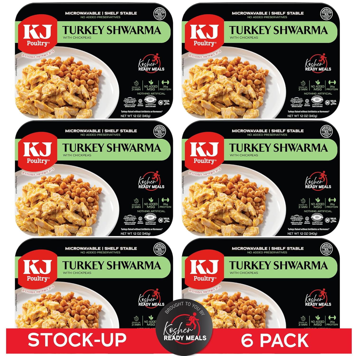 KJ Poultry Kosher Ready Meals - Turkey Shwarma, MRE Meat Meals Ready to Eat, Gluten Free, Halal, (6 Pack) Prepared Entree Fully Cooked, Shelf Stable Microwave Dinner, Travel, Military, Camping
