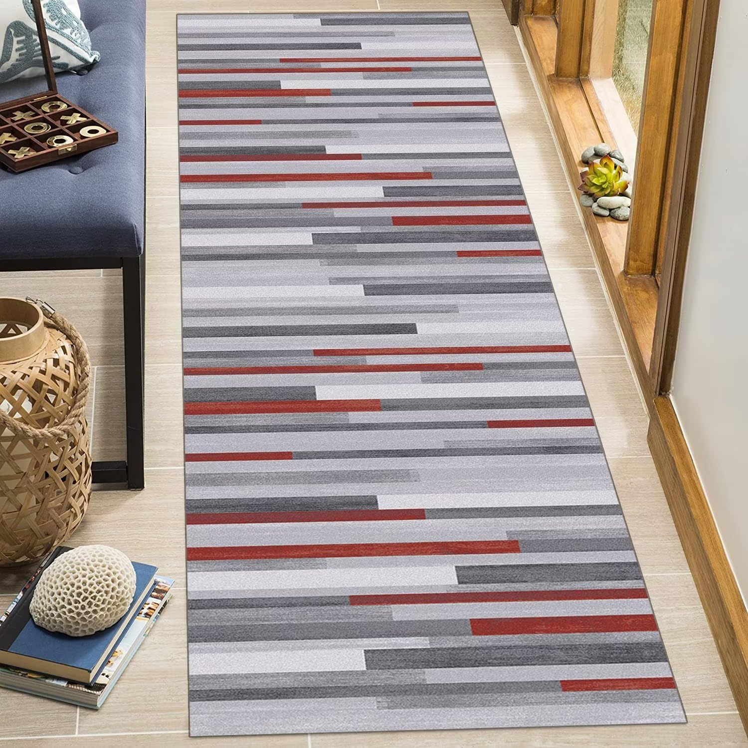 Teppich Läufer Flur rutschfest Küchen Teppich 70X160CM Grau Rot Küchenteppich Küchenläufer Korridor Schlafzimmer Wohnzimmer Meterware Eingang