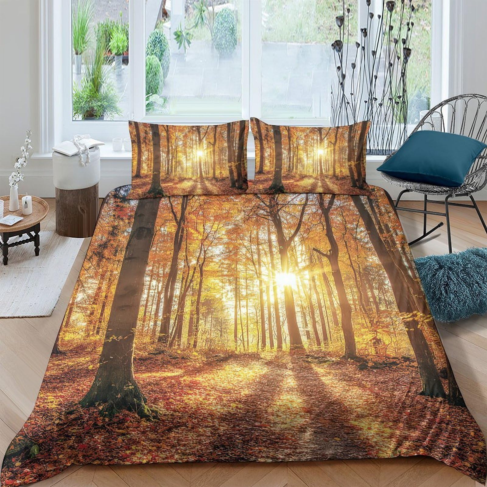 Ctjqhvkz Style-3 3D Printed Autumn Forest Fitted Sheet Microfiber Soft Breathable Sunrise Path Mattress Cover For Bedroom Guest Room Decor Single（135X200cm）