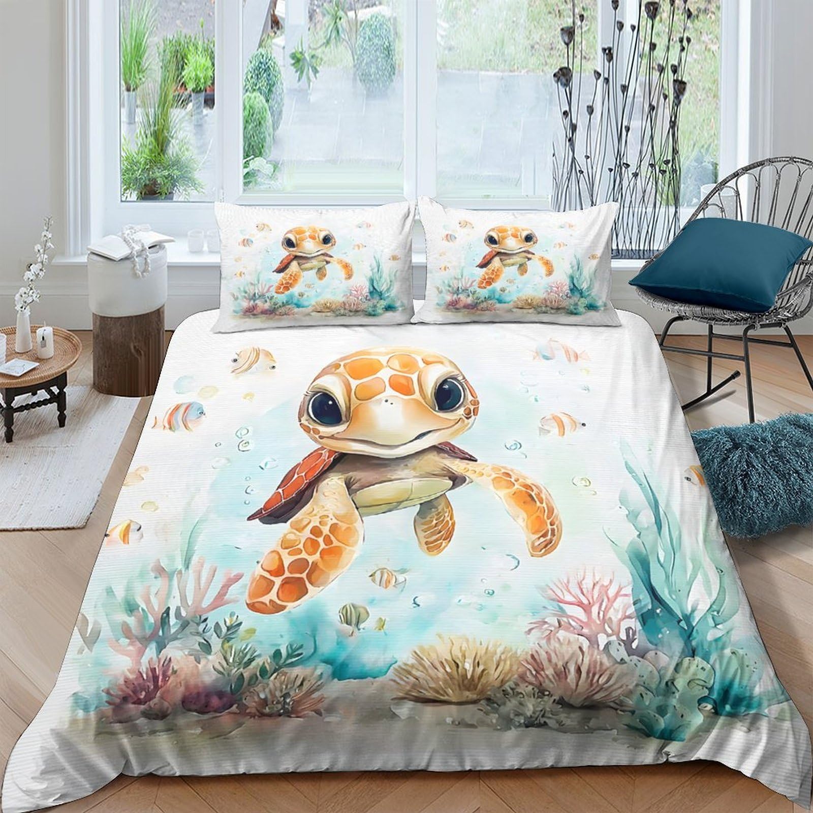 Ctjqhvkz Style-6 3D Printed Cute Sea Turtle Fitted Sheet Microfiber Soft Ocean Coral Mattress Cover For Bedroom Guest Room Decor Single（135X200cm）