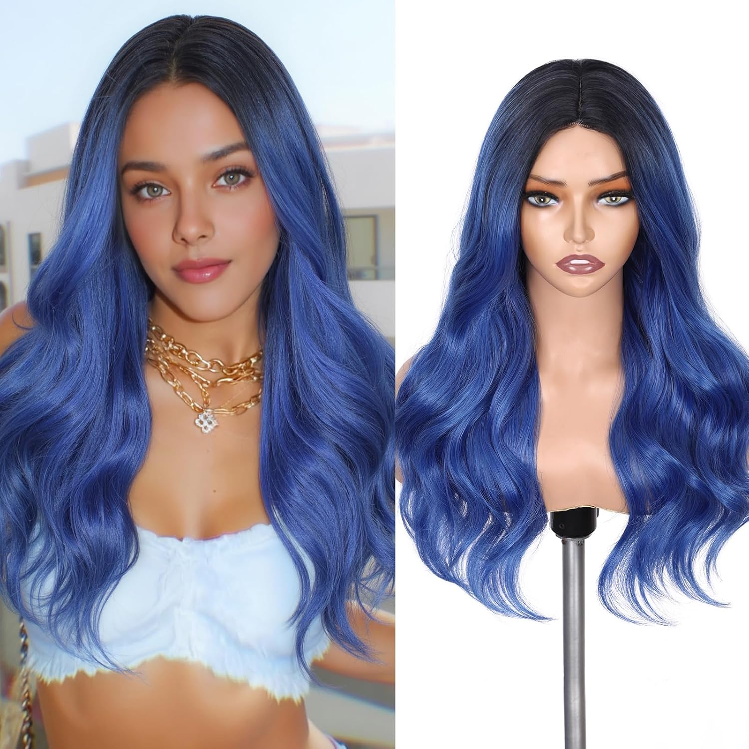 Lady Miranda Ombre Blue Wigs Long Curly Wavy Synthetic Fiber Dark Root Side Part Wig Colored Wigs for Women Cosplay Wig Daily Party Use(1-Black Ombre blue 22)