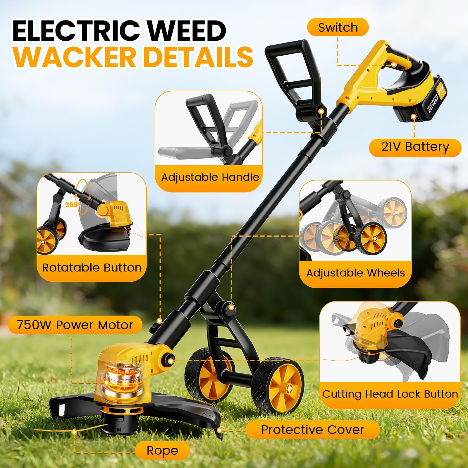 Débroussailleuse sans Fil 14" avec Roues, 20 000 TR/Min, 2 Batteries de 3000 mAh, Batterie 4 en 1 avec Moteur sans balais de 800 W, avec 8 bobines de Rechange, pour Coupe de Jardin, Cour