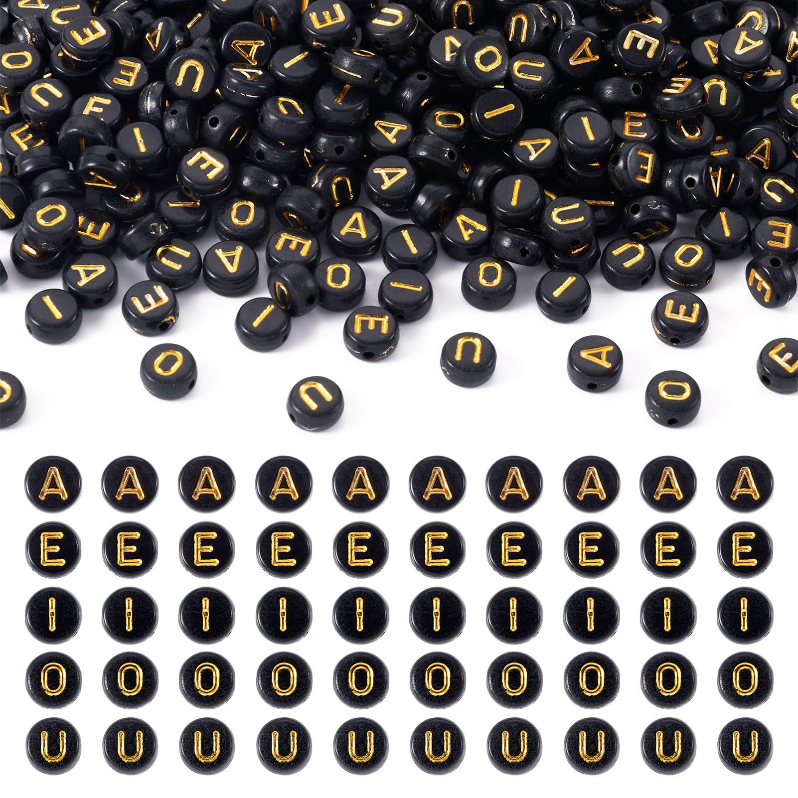 FASHEWELRY 500Pcs Flat Round Acrylic Vowel Letter Beads 7x3.5mm A E I O U Black with Initial Alphabet Beads for DIY Crafts Friendship Bracelet Necklace Jewelry Making
