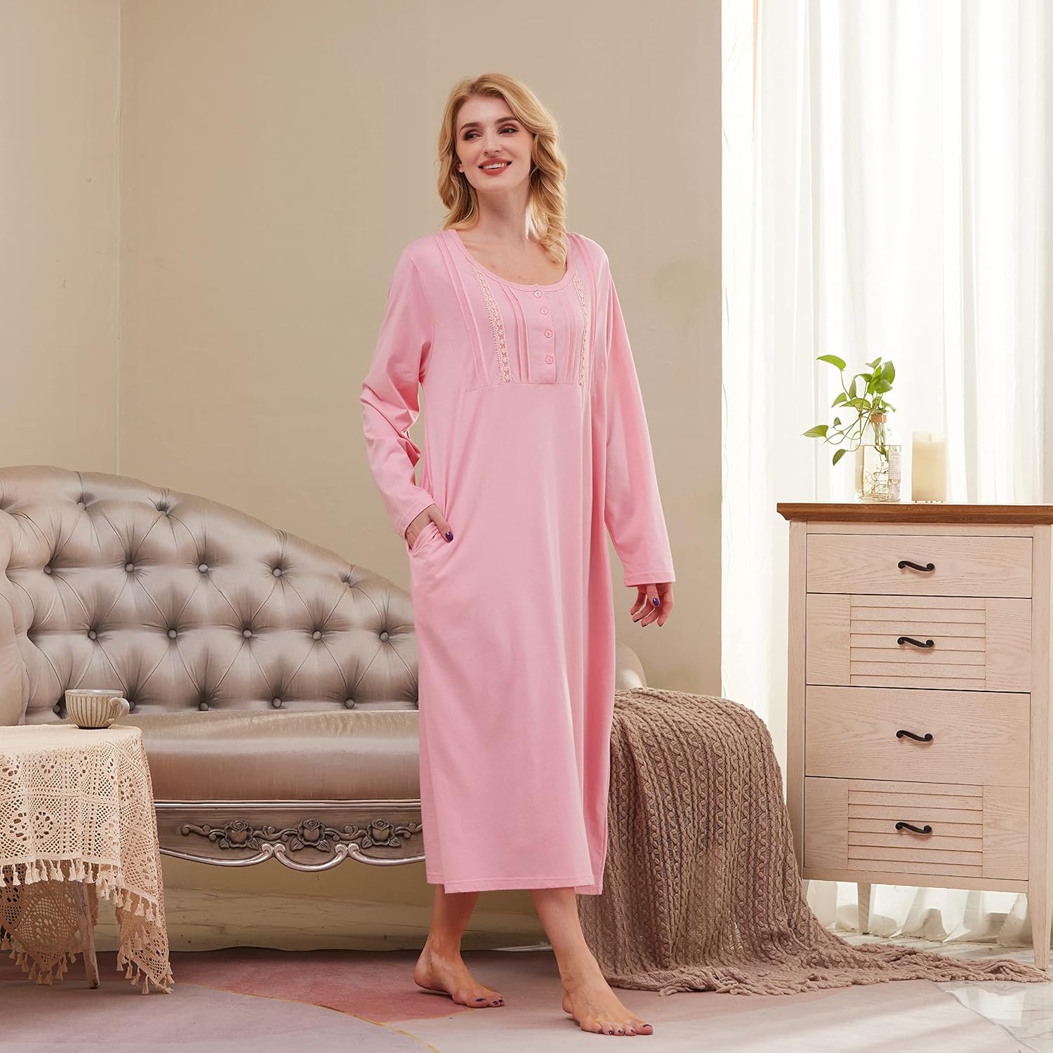 Keyocean Nightgowns for Women with Pockets Soft Cotton Comfy Lightweight Long Sleeves Ladies Nightdress