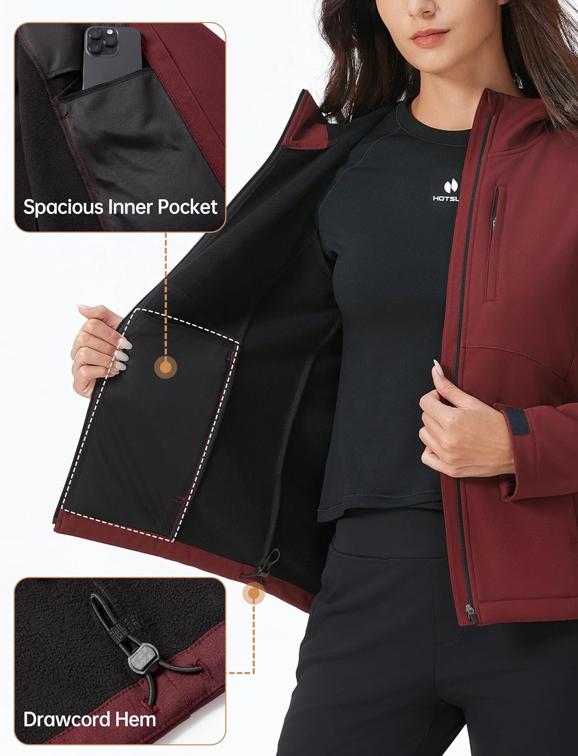 HOTSUIT Women's Softshell Fleece Lined Warm Windbreaker Jacket Light Hooded Water Resistant Rain Coat for Travel Daily - Image 5