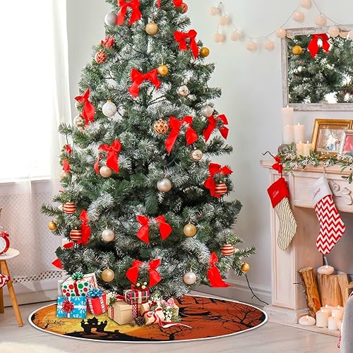 Miniatura 4 de Falda de árbol de Navidad con diseño de calabaza, bruja y calabaza, decoración espeluznante de fantasma, castillo, murciélagos, tapete de árbol de