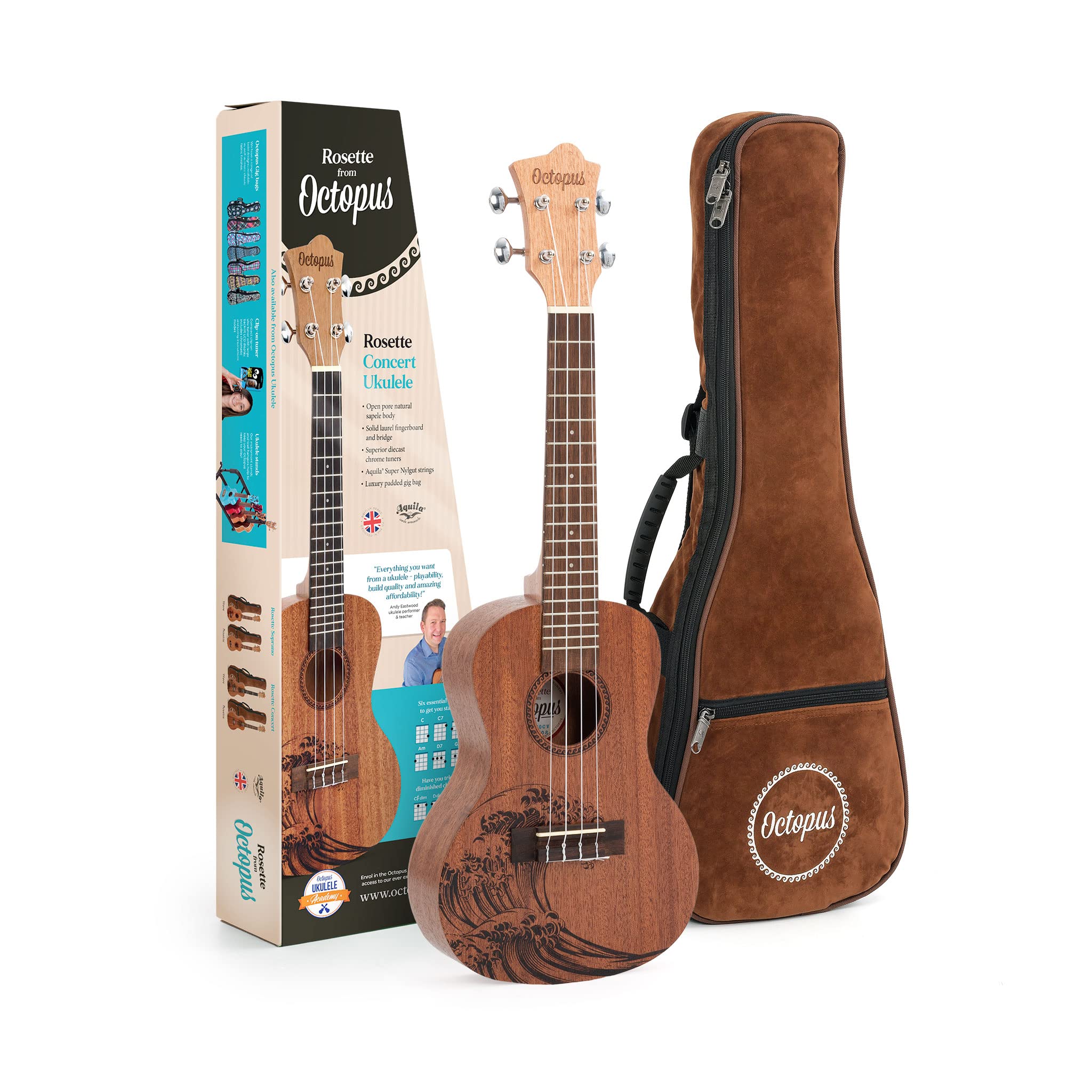 Octopus UK230CW Rosette Konzert-Ukulele Outfit - Wellenmotiv