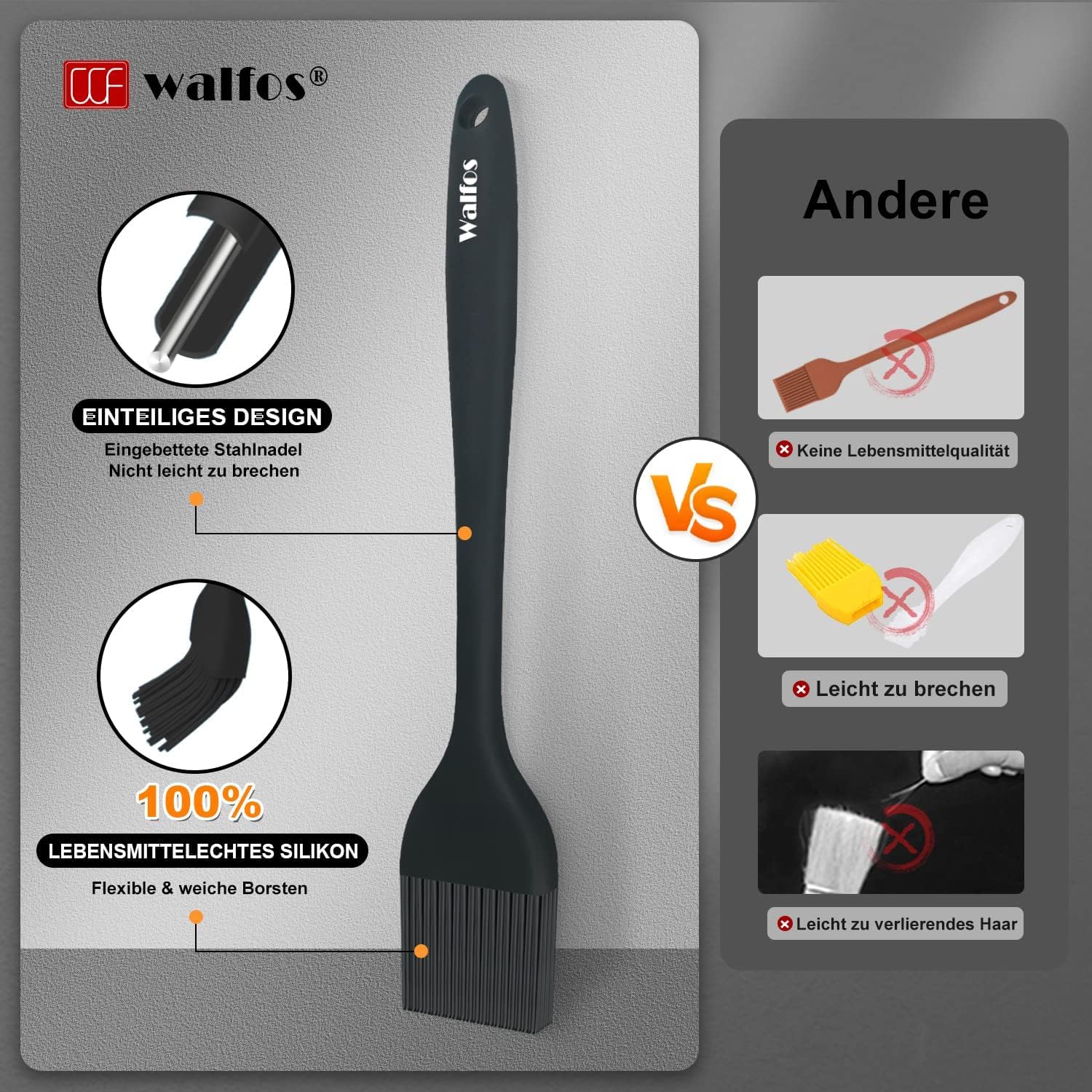 Walfos Set de 4 pinces de cuisine résistantes à la chaleur - Poignée en acier inoxydable et embouts en silicone antiadhésif, brosse en silicone de 21 cm - Pour la cuisine, le buffet,18, 23, 30,5 cm