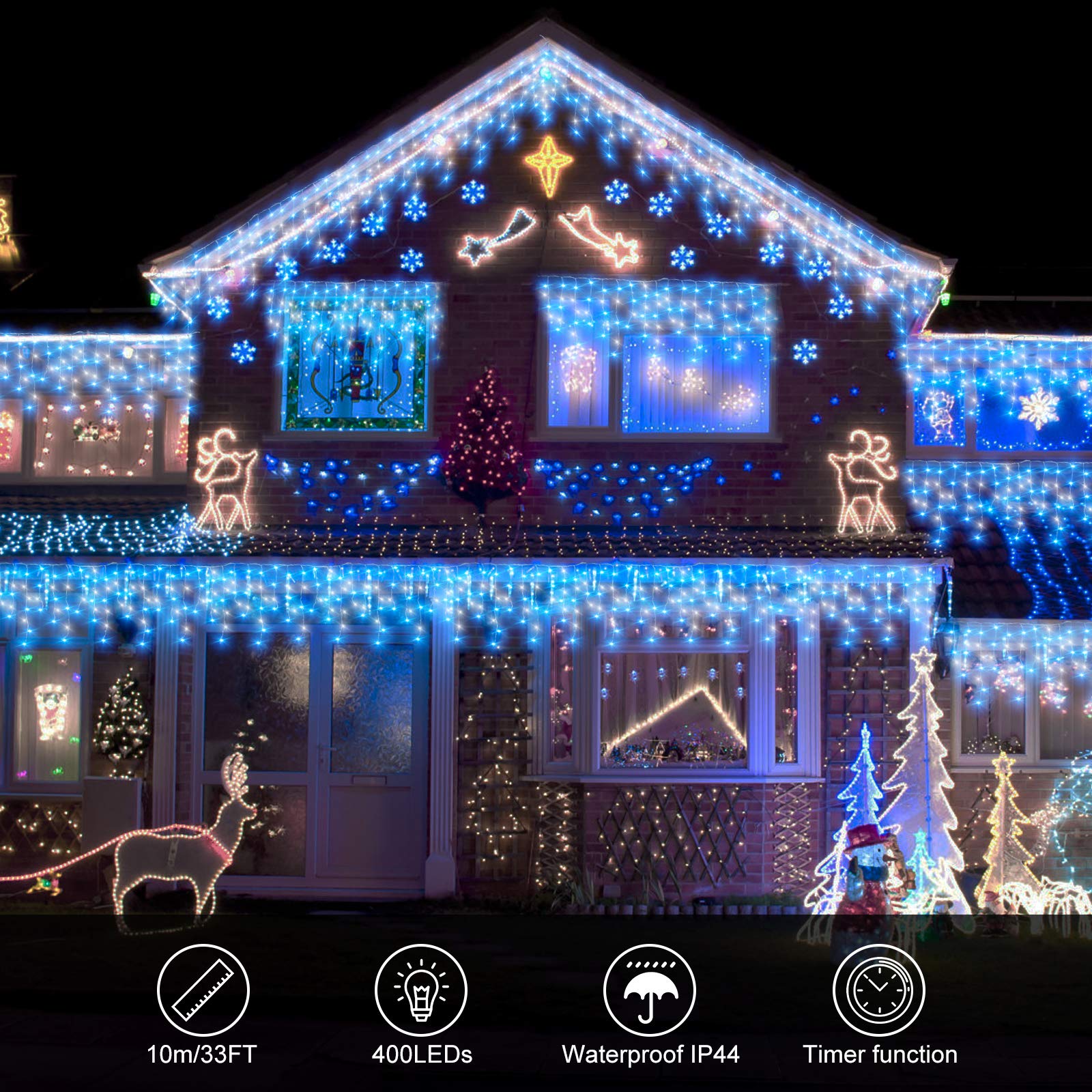 CORST Rideau Lumineux 10M 400LEDs Guirlande Lumineuse Pâques 8 Modes d'éclairage adaptateur Connectable pour Mariage Balcon Terrasse Pergola Fêtes Soirée Anniversaire (Bleu+Blanc)