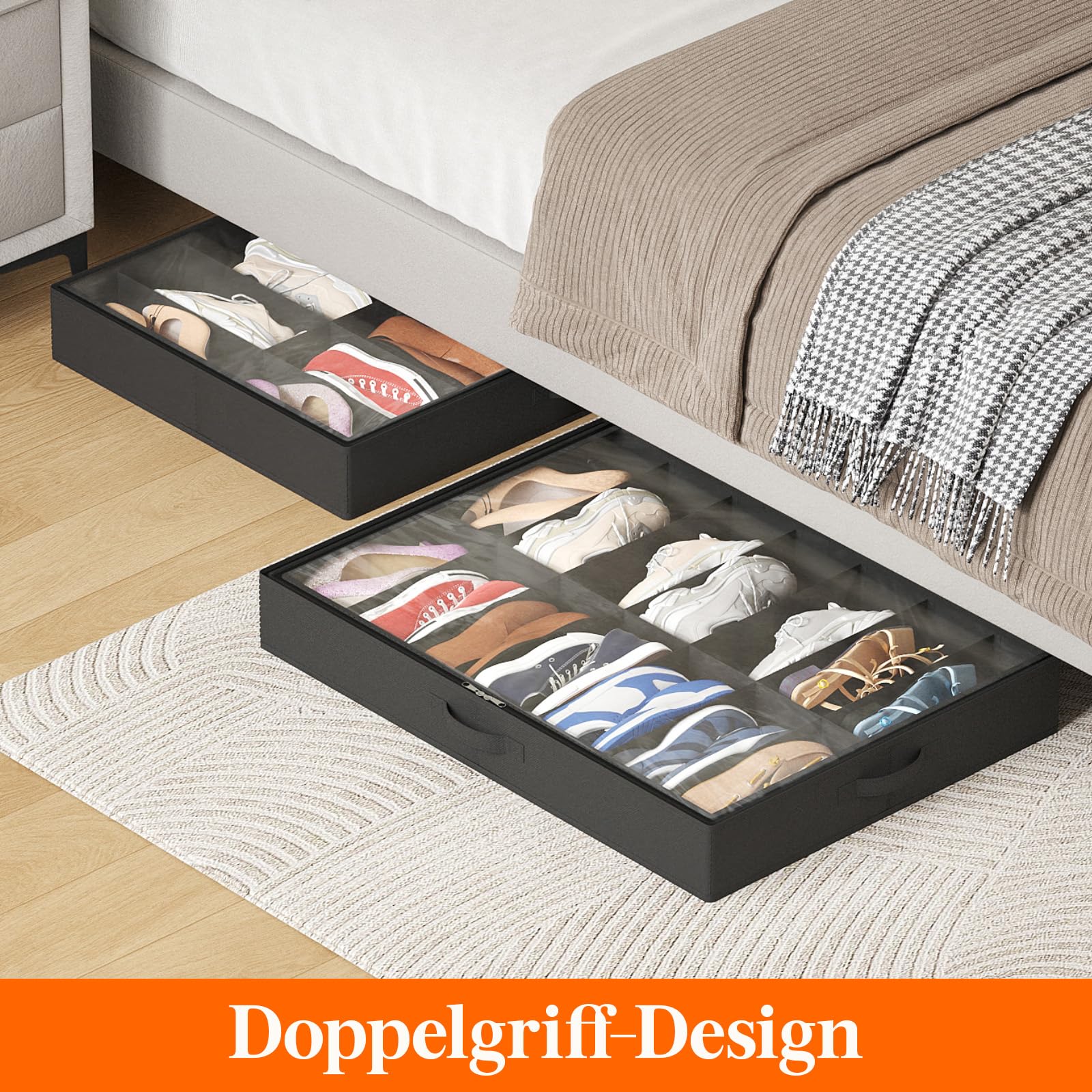 Lifewit Unterbett-Schuh-Organizer, 2 Stück (14 Paar), 10,9 cm hoch, Stoff-Schuhbehälter, faltbare Schrank-Schuhtasche mit 2 verstärkten Griffen und transparenter Abdeckung, Schwarz