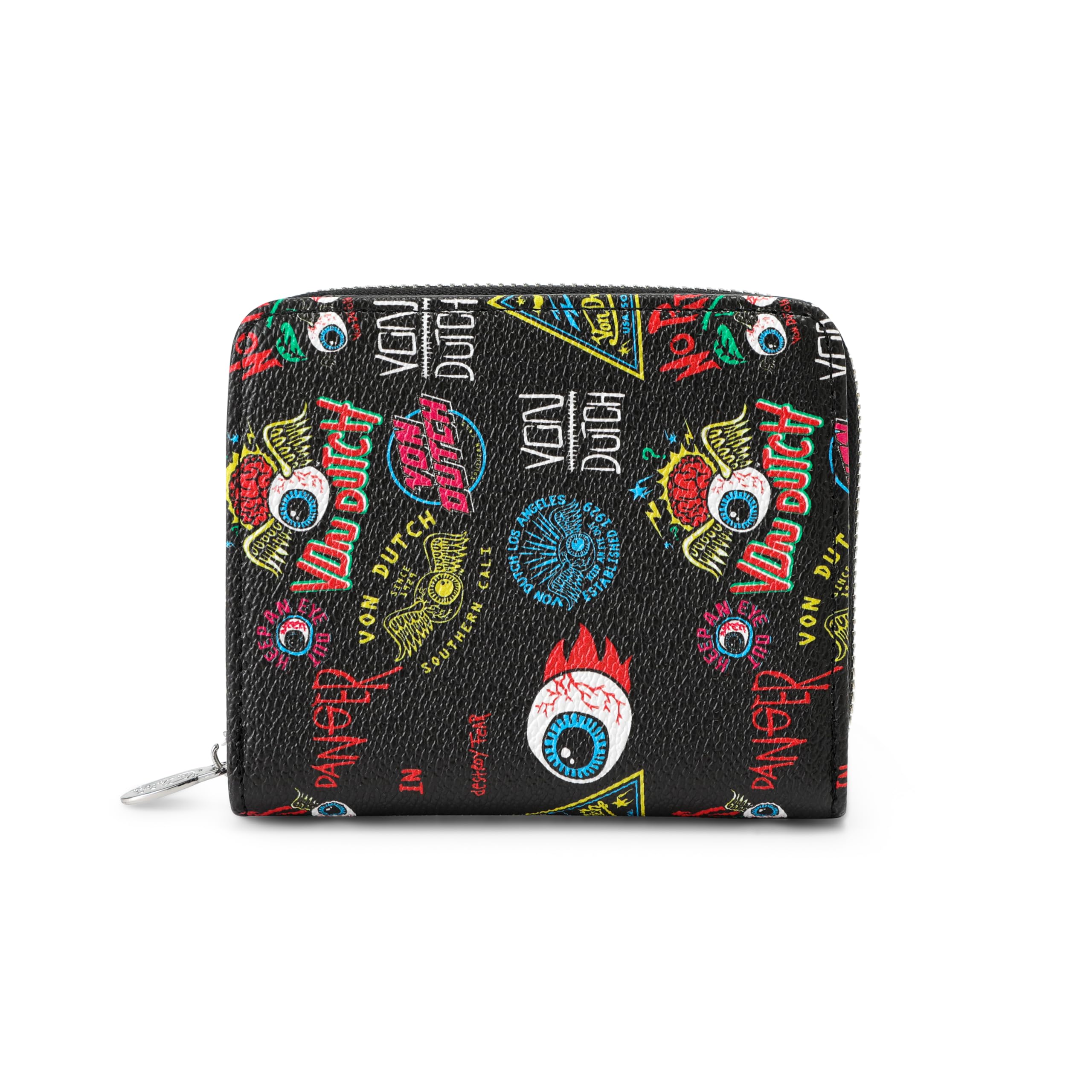 Von Dutch Zip-Up Wallet with ID Window, Vegan Leather, Slim Unisex Design for Men & Women (Jax Print, Black)
