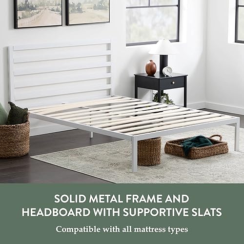 Miniatura 21 de Edenbrook Cassidy Marco de cama de plataforma de metal con cabecera de metal, no requiere somier, soporte de listones de madera, negro, tamaño Queen