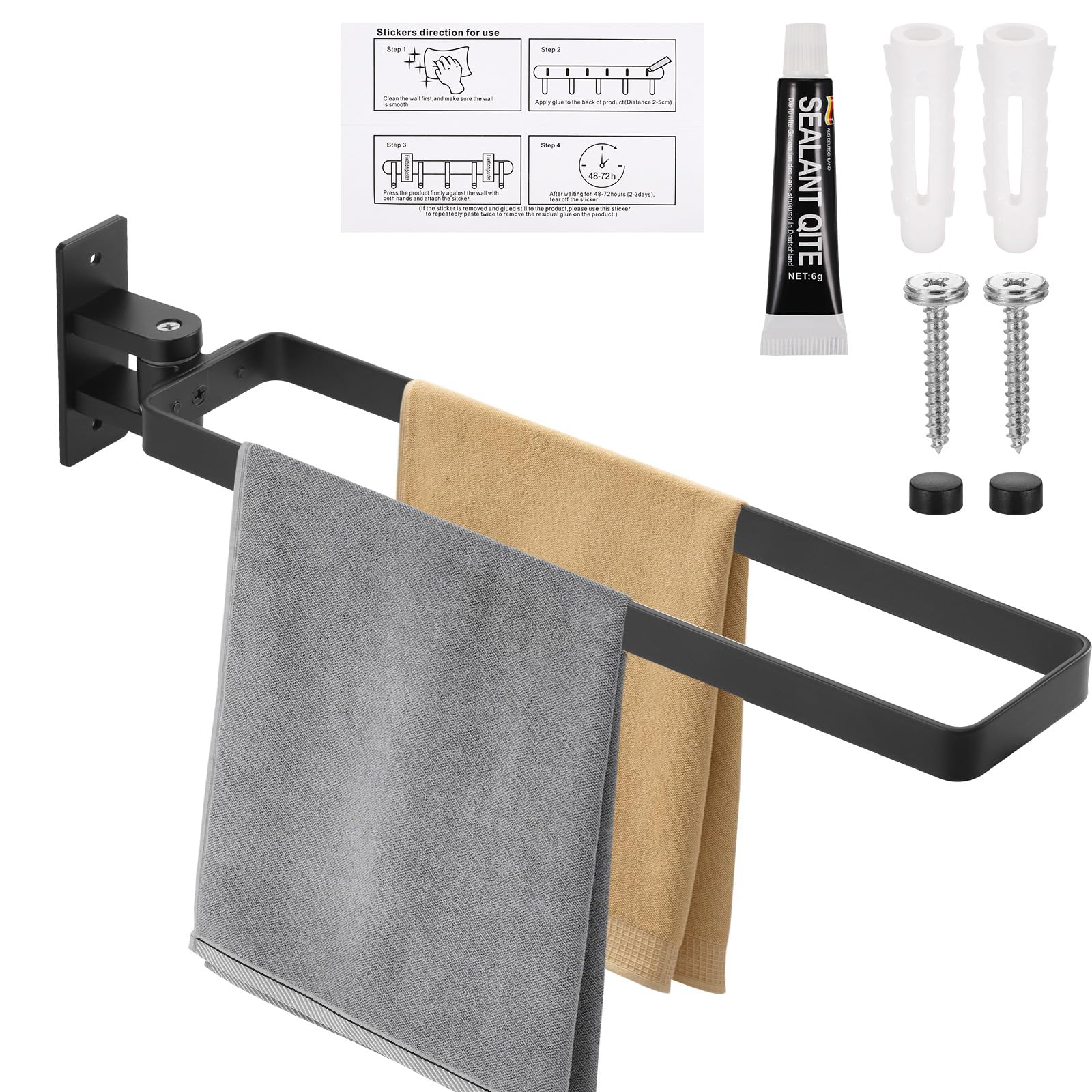 JIZZU Porte-Serviettes 180° Pivotant Salle de Bain, Double Barre Support Mural en Alliage d'Aluminium avec Vis et Adhésif, 32,5 cm, sans Perçage ou Perçage (Noir Mat)
