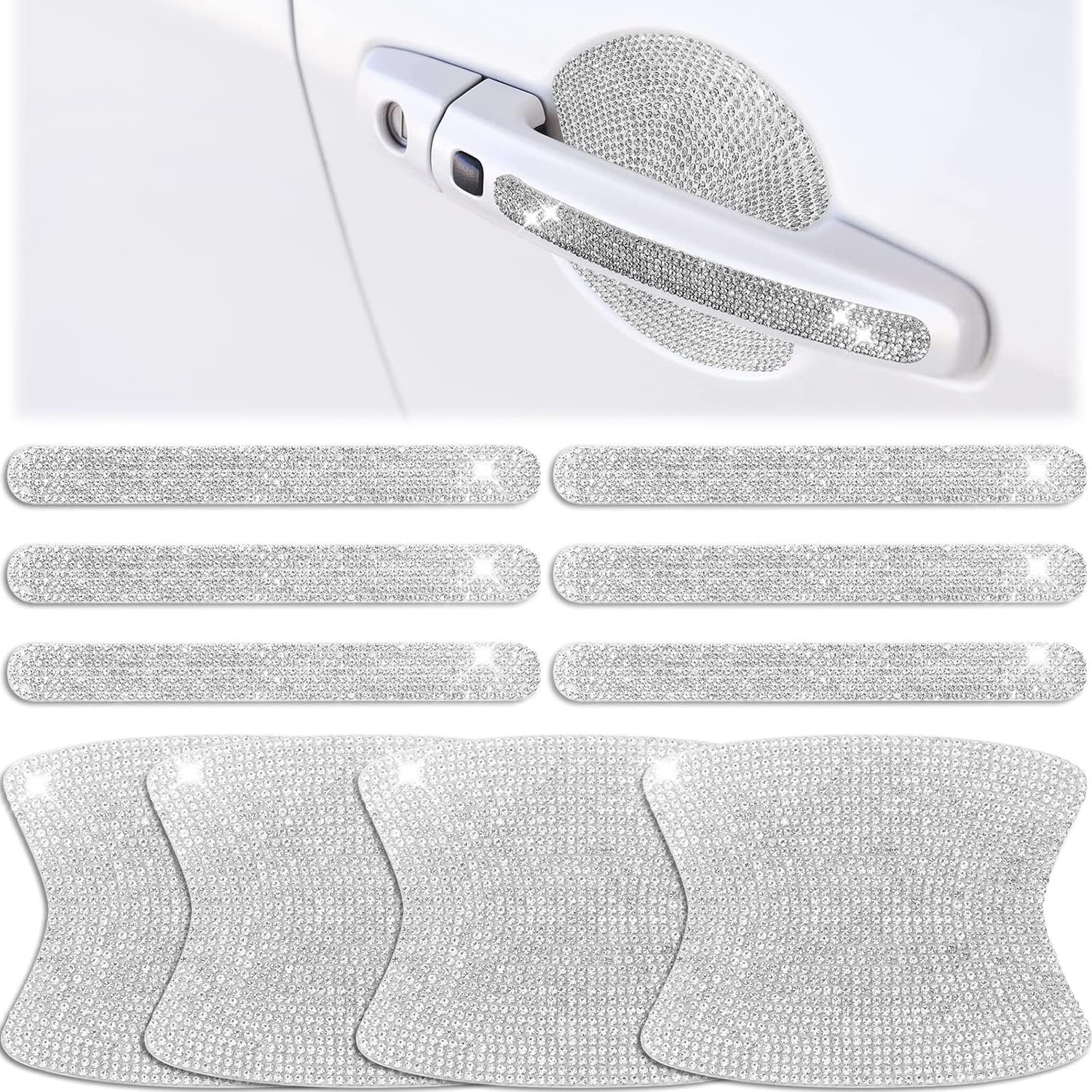 Universal Door Handle Reflective Trim Scratch-Resistant Stickers, Car Protector With Bling Rhinestone, Crystal Rear View Mirror Safety Auto Protection Cover Trim