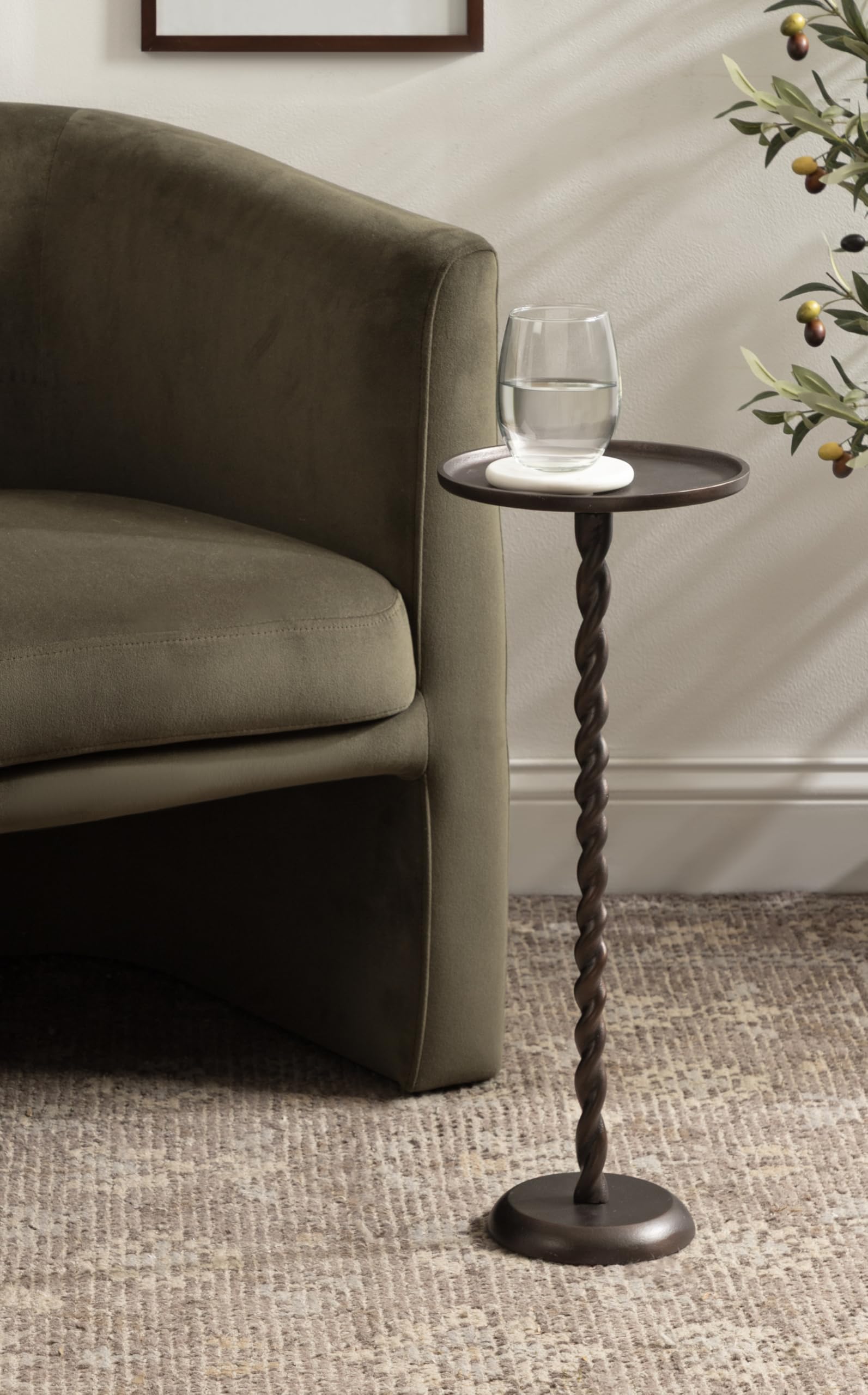 Kate and Laurel Ropa Transitional Round Pedestal Drink Table, 9 x 9 x 22, Bronze, Decorative Cast Aluminum Mini Table with Spiral Rope Design for Use as Indoor Plant Stand or Living Room Accent