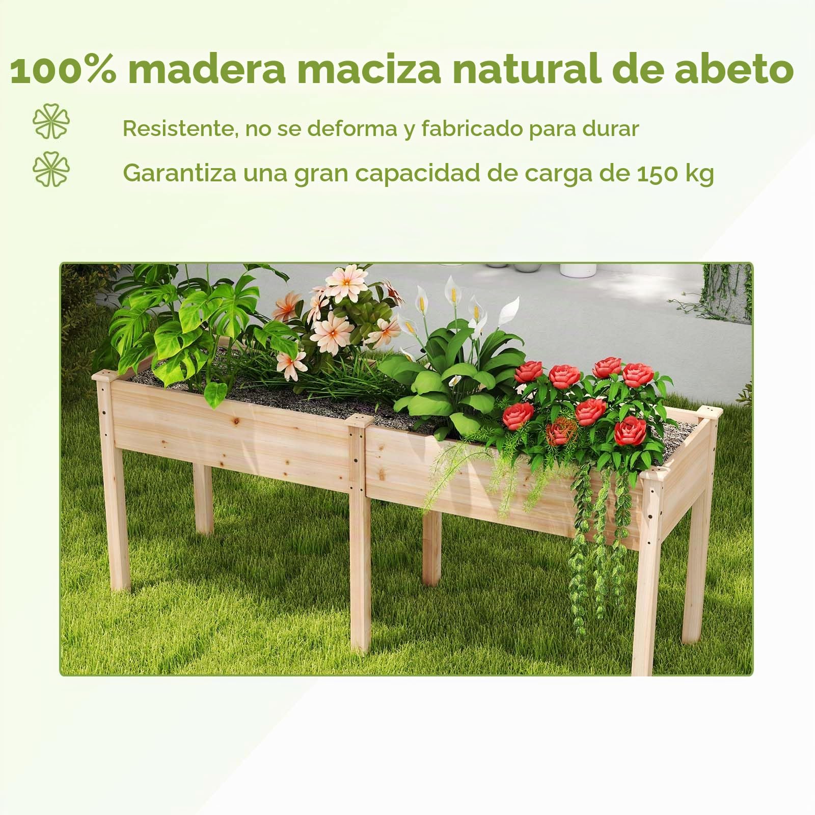 HOMASIS Huerto Urbano Elevado de Madera, Rectangular Cama de Jardín con 8 Orificios de Drenaje, Mesa Jardinera de Cultivo para Verduras, Flores, Frutas Patio Terraza (Natural)