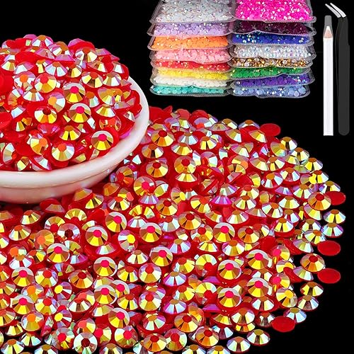 5000 piezas de diamantes de imitación de resina de 5mm a granel, diamantes de imitación redondos tipo gelatina AB rojos de fondo plano