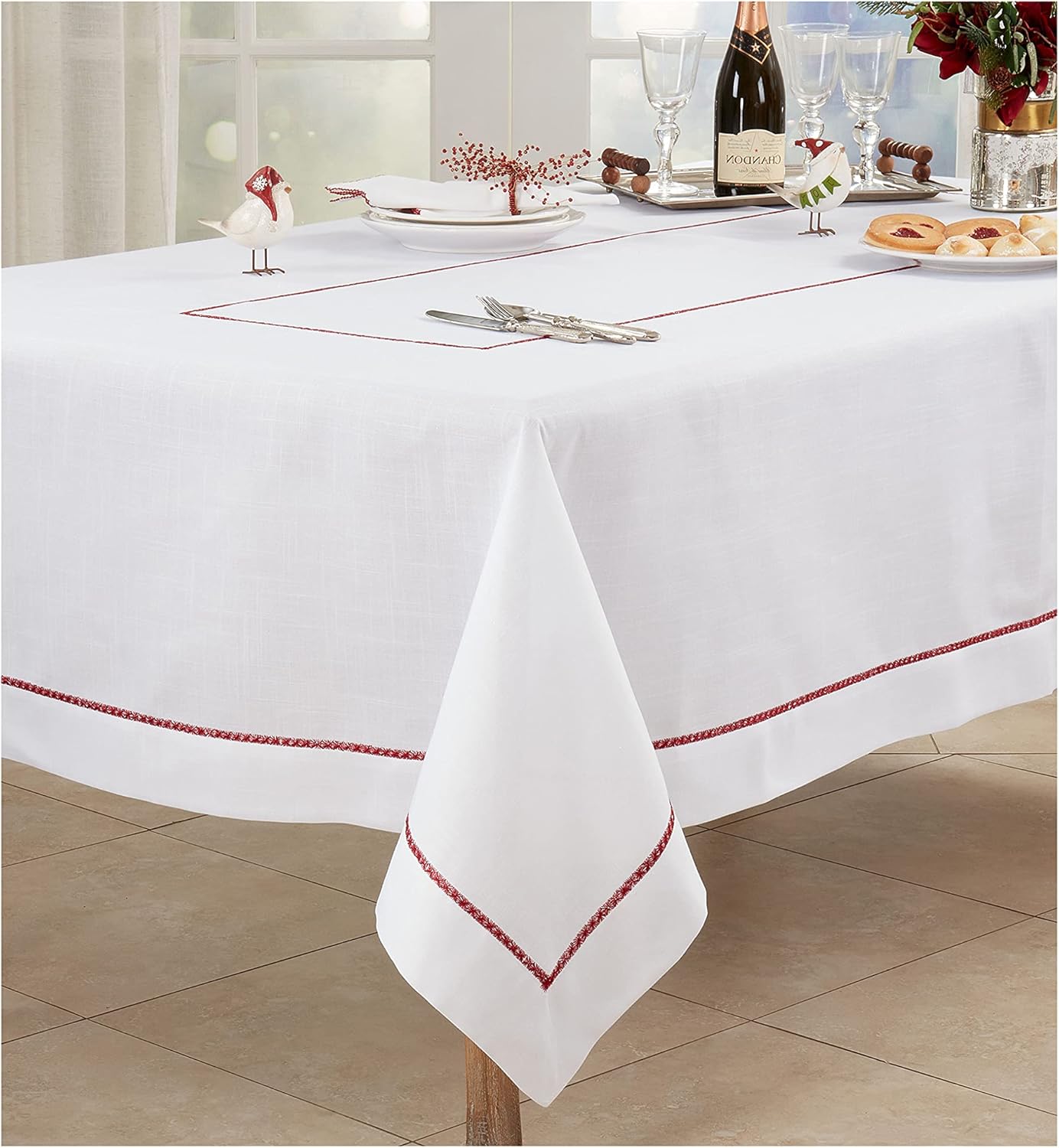 White100% Polyester Fancy Thanksgiving Christmas Holiday Embroidered Gold Trim Border Cloth Dinner Napkin, 20" Square (4 Piece)