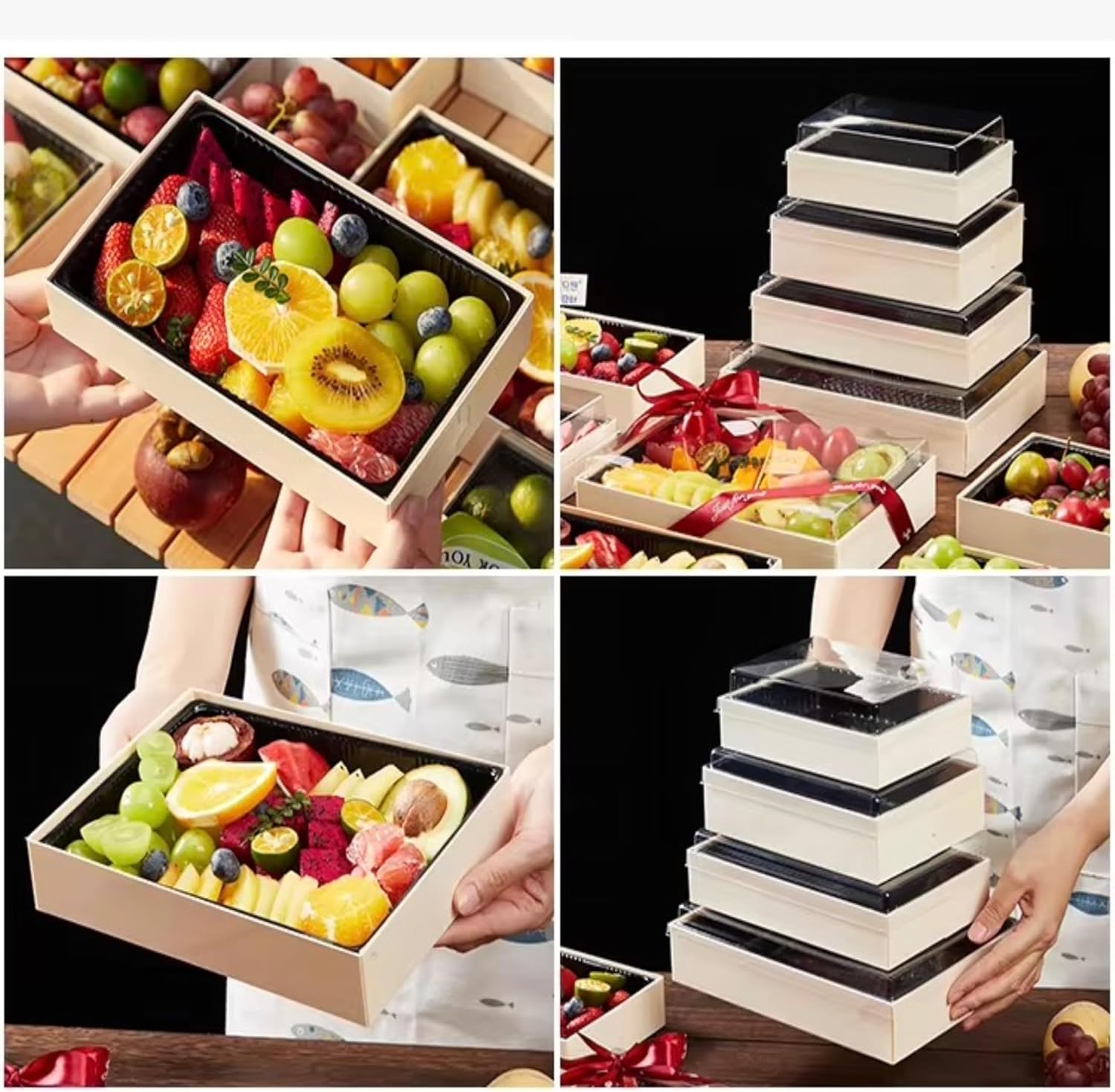 Wooden Bento Boxes with Anti-Fog Vista Lids & Black PET Leakproof Trays - 39oz Ultimate Aesthetic Charcuterie & Grazing Box Poplar Wood Disposable Containers for Adults, Meal Prep, Catering, Sushi - Image 6