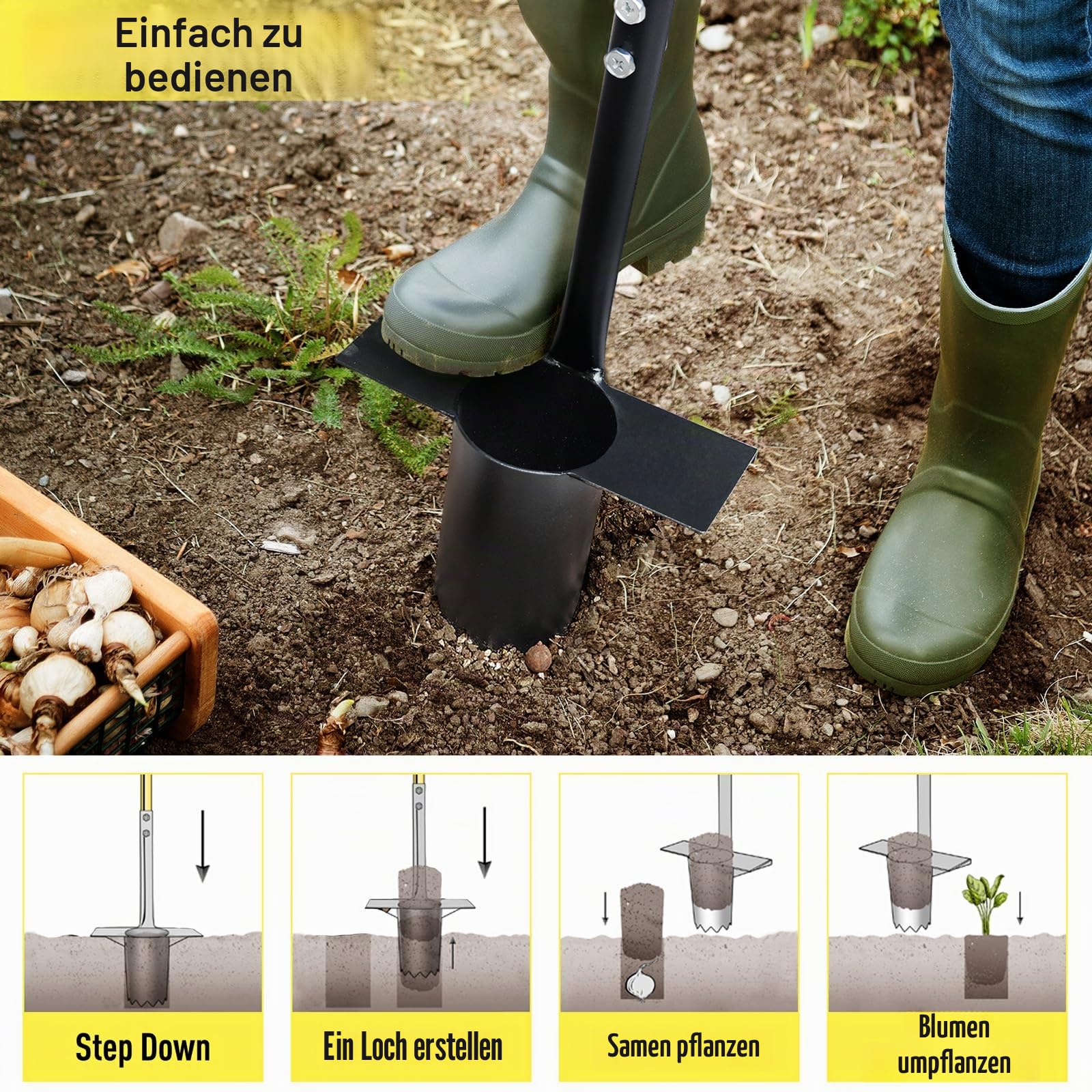 Jardineer 2-teiliges Blumenzwiebelpflanzer-Set, mit langem Griff & gezacktem Boden, Zwiebelpflanzer｜Blumenzwiebel Stecher｜Blumenzwiebel-Pflanzwerkzeug, zum Graben, Erdeproben & Umpflanzen