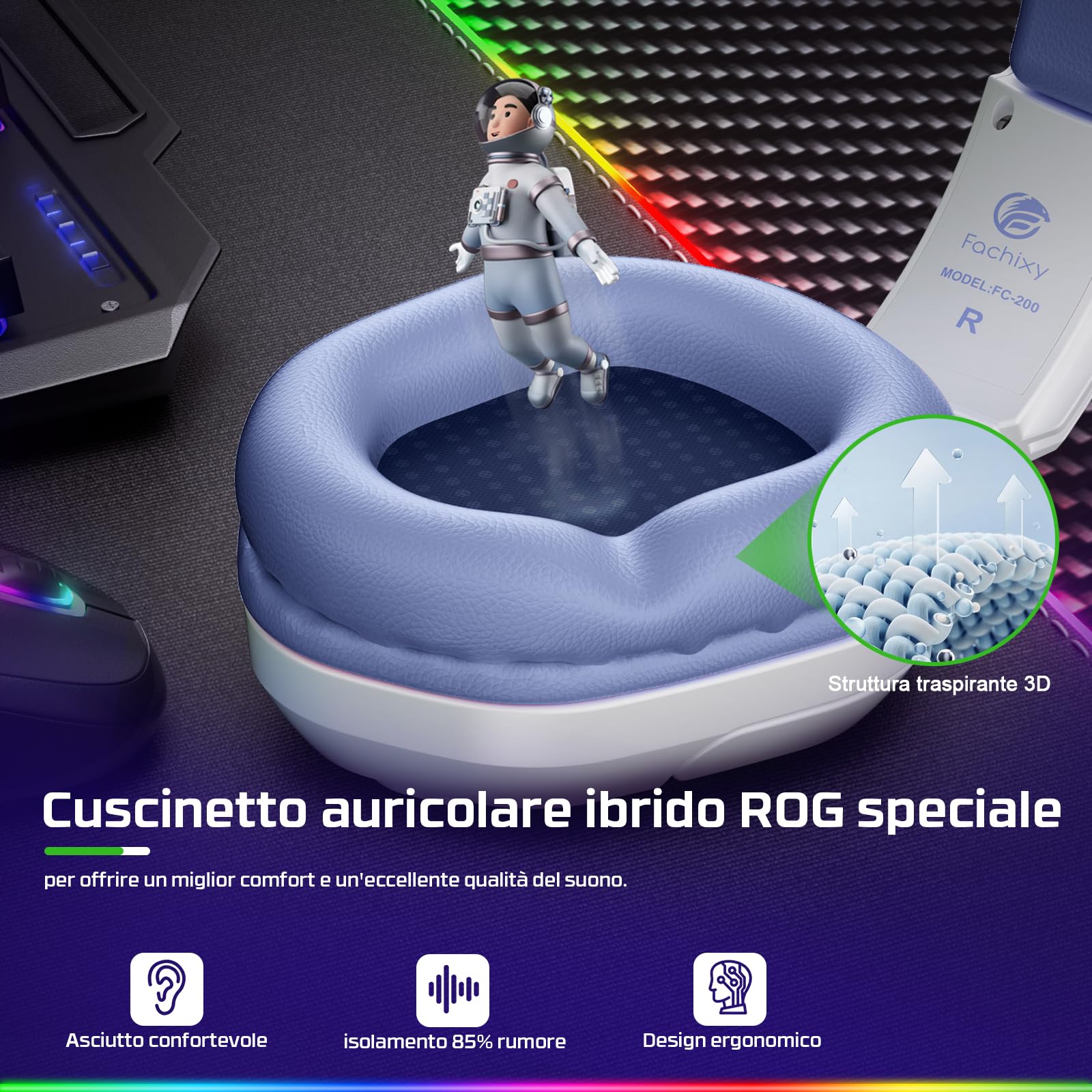 Fachixy FC200 Cuffie Gaming per PS5, PS4, PC, Xbox, Nintendo Switch, con Luce RGB, Microfono, Audio Stereo, con Cancellazione Del Rumore con filo - BIANCO VIOLA