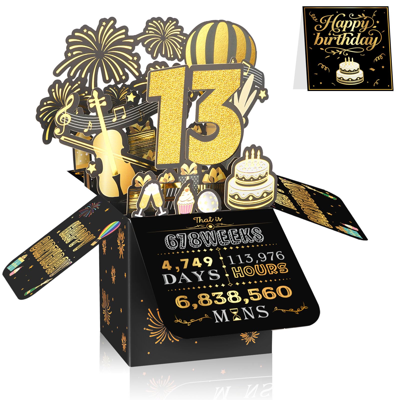 13th Birthday Card for Boys & Girls, 3D Pop Up Birthday Greeting Card, Black & Gold 13 years old Birthday Decorations & Gifts for Him or Her, Ideal for Son, Daughter, Sister, and Special Cousin