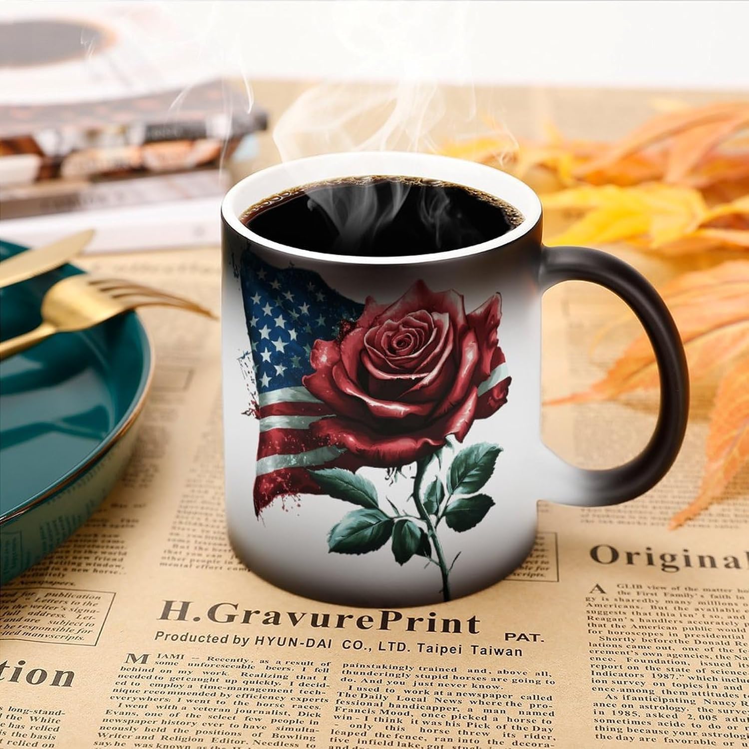 United States Flag Rose Memorial Color Changing Mug Heated Ceramic Cup Heat Sensitive Coffee Mug Fun Gift