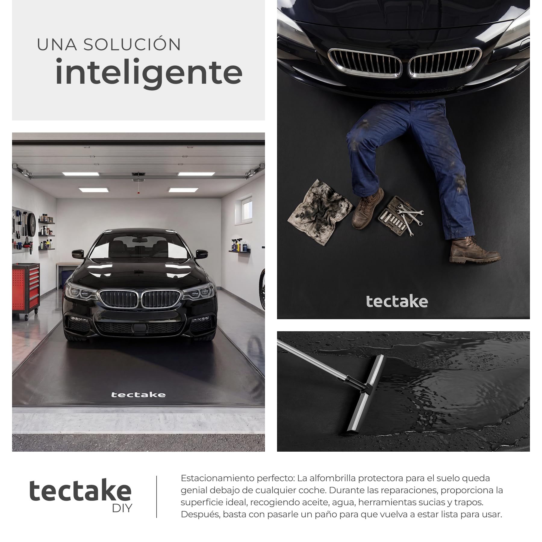 tectake® Tapete Garaje, Gomas Antideslizante, Protector Suelo 2,4 x 5,5 m, Borde Elevado, Incluye Extractor Extensible, Alfombra Antideslizante, Alfombra Protectora de Suelo - Negro