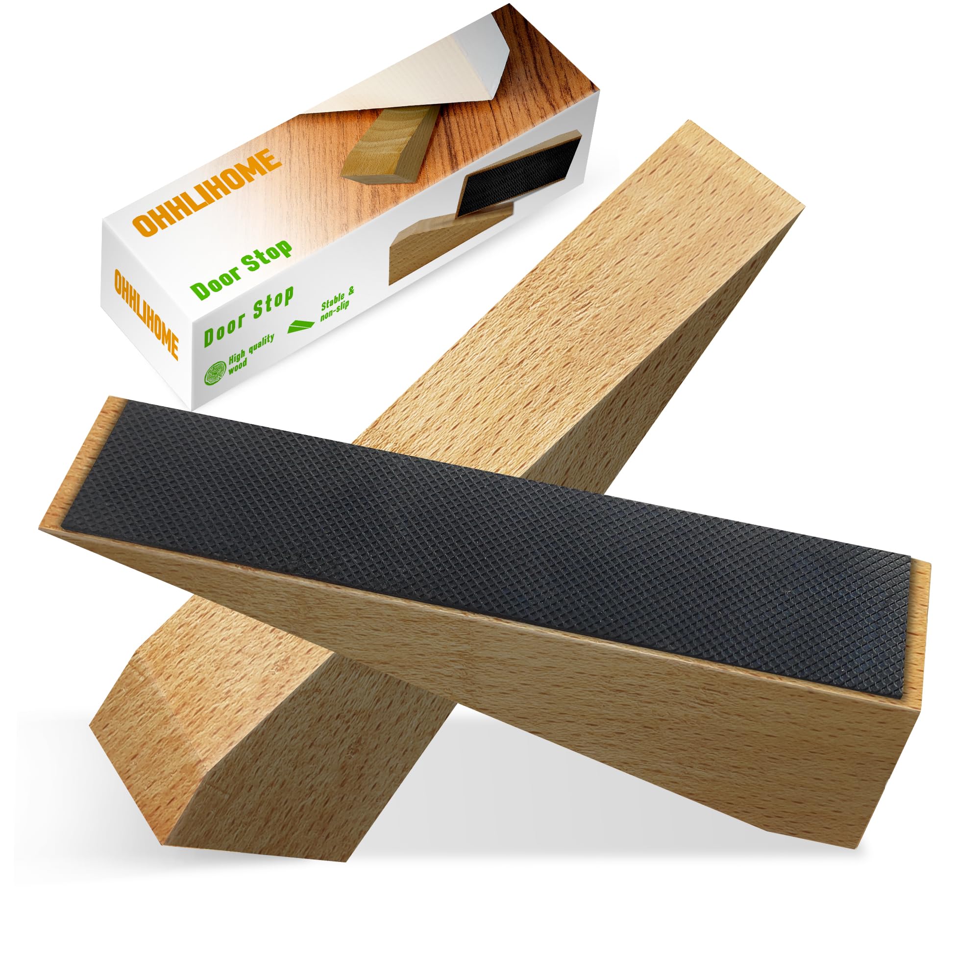 2 Pack Wooden Door Stop - Non-Slip Door Stoppers - Fixed Door Stopper Base with Rubber - Each Door Stopper 2inch Thick, 6.3inch,Door Wedge