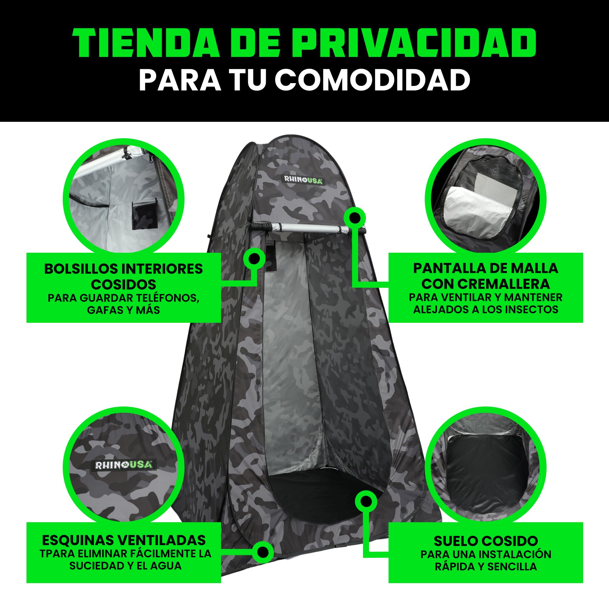 Rhino USA Tienda de Privacidad Emergente - Vestuario Inodoro Portátil para Acampar - Tienda de Ducha Aire Libre - Refugio contra Lluvia para Playa y Camping Ligera Resistente Instantánea para Llevar