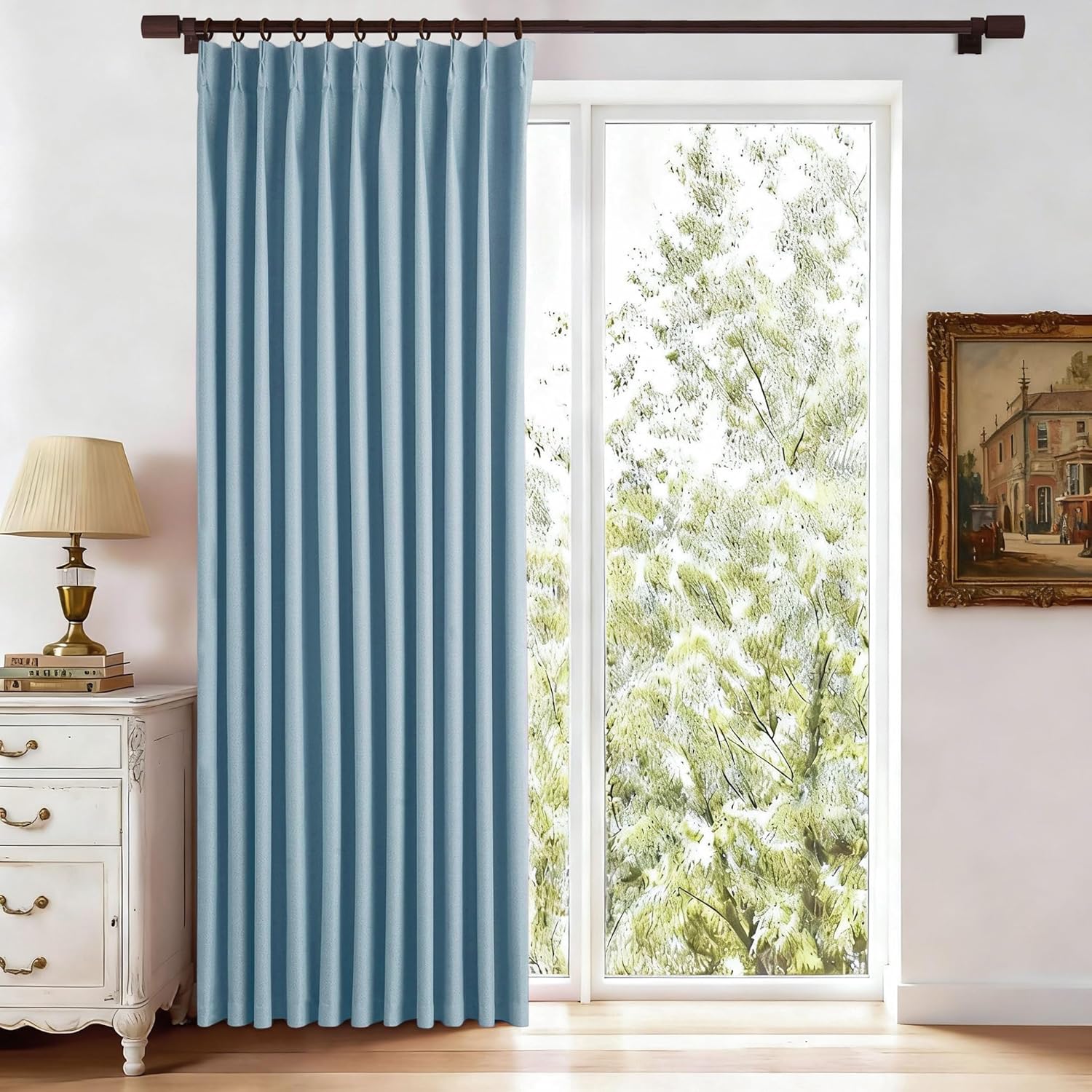 Dusty Blue Pinch Pleated Curtains 72x84 Inches for Living Room Bedroom Thermal Insulated Full Blackout Linen Curtains Window Drapes 1 Panel