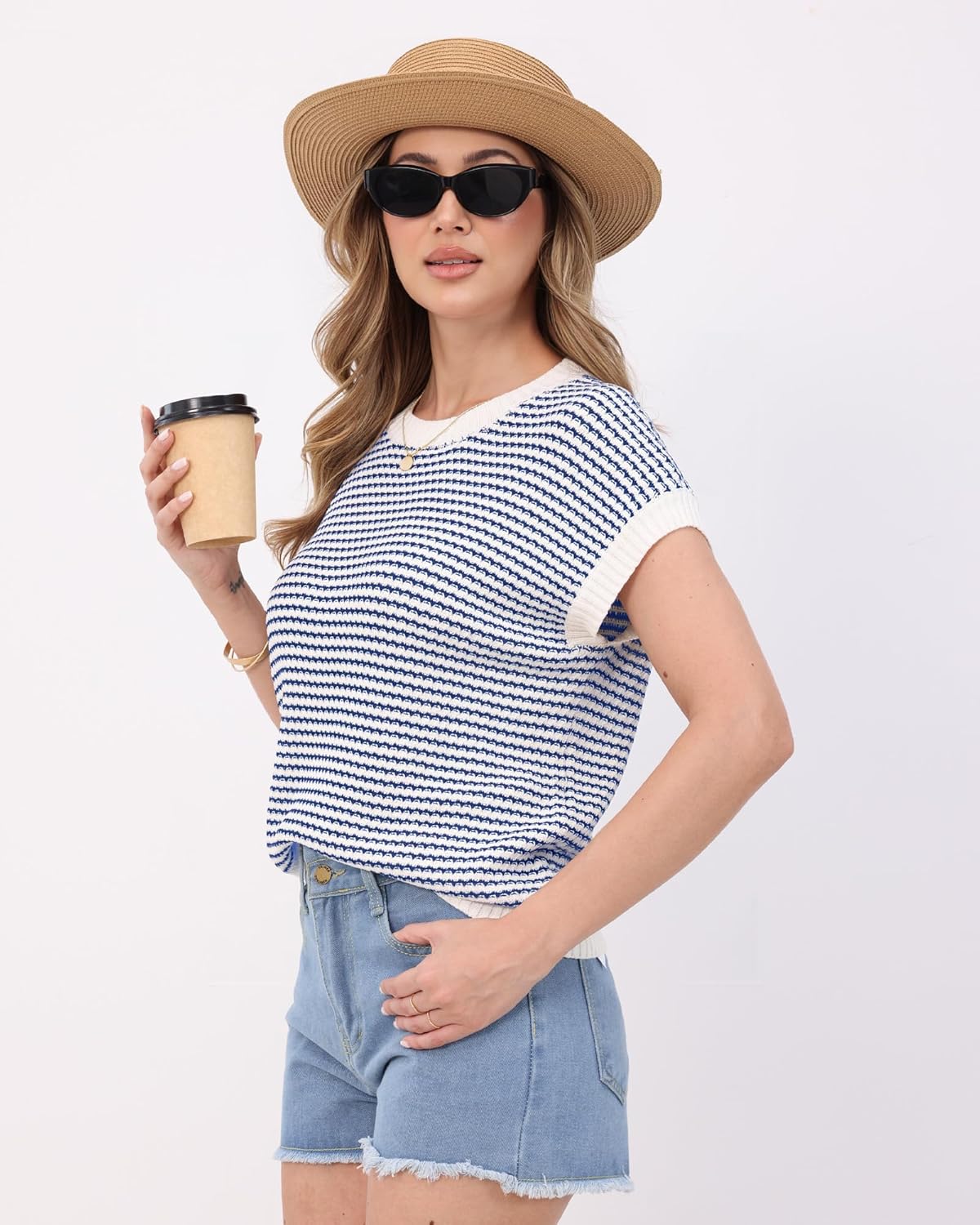 Womens Lightweight Sweaters Pullover Vest Striped Cap Sleeve Tank Tops Crew Neck Soft Knit Spring Summer Casual Outfits - Image 5