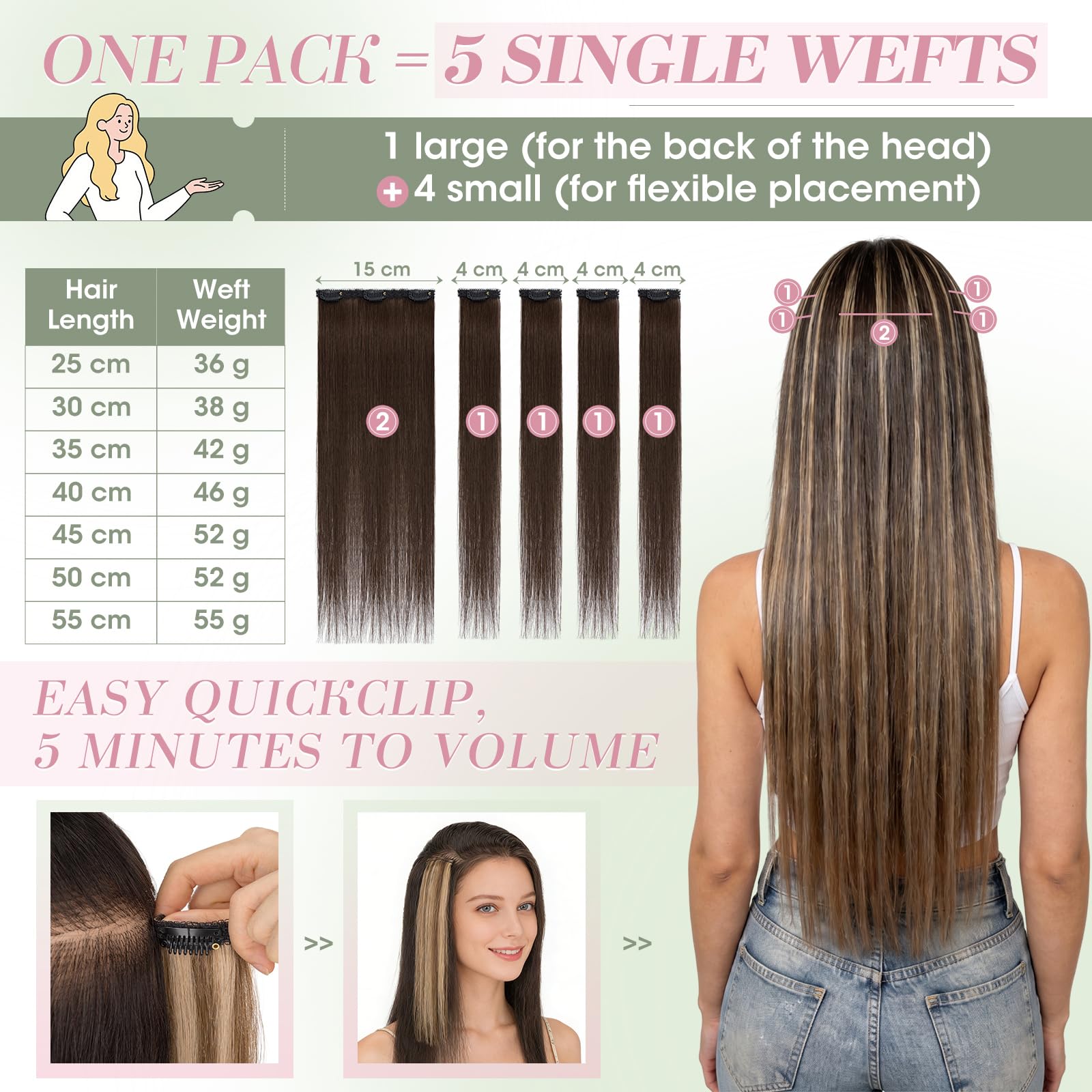 Elailite Echthaar Extensions Clip Silk Lace in Tressen 5Stücke Haarverlängerung Haarteile Unsichtbar 55g 55cm für Volumen/Meches #2R Dunkelbraun