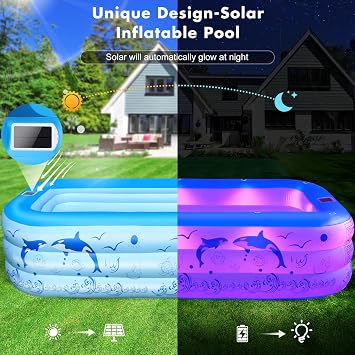 StarOcean 2026 Upgrade Inflatable Pool with Lights, Family Inflatable Swimming Pool for Kids,Adults,Blow Up Pool Solar Powered,Large Kiddie Pool,100x63x20Oversized Thickened Pool for Backyard-Blue