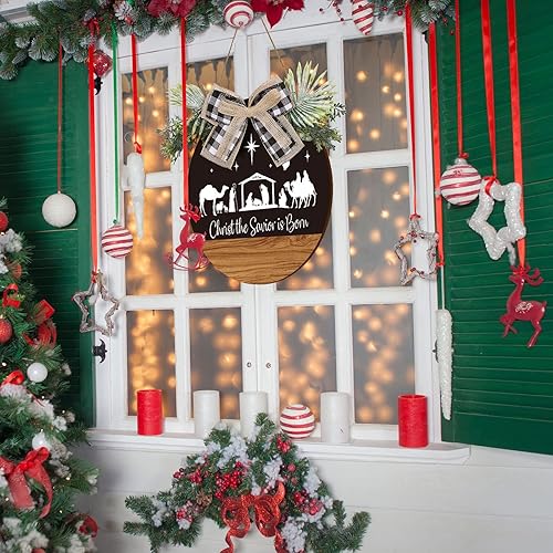 Miniatura 7 de Whaline Letrero colgante de madera de Navidad letrero rústico para puerta delantera Nativity Christ the Salvador is Born con lazo para el hogar