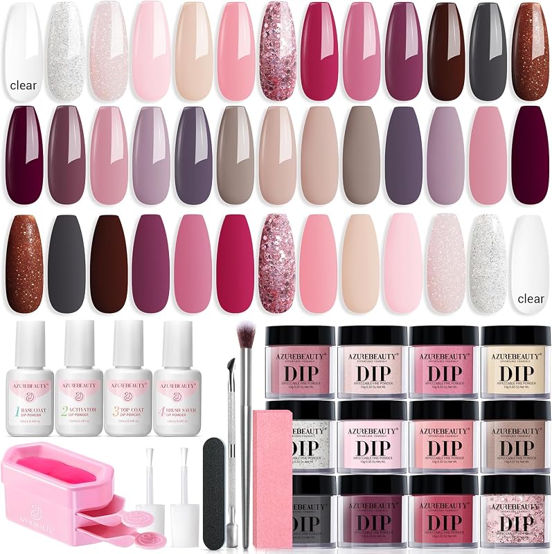 AZUREBEAUTY 31 Pcs Dip Powder Nail Kit Starter 20 Colors Clear Nude Pink Brown Glitter All Season Acrylic Dipping Powder Liquid Set with Top/Base Coat Activator for French Nail Art DIY Salon Gift | Clear Nude Brown Glitter Acrylic Dipping Powder Liquid Set with Top/Base Coat Activator for French Nail Art DIY Salon Gift