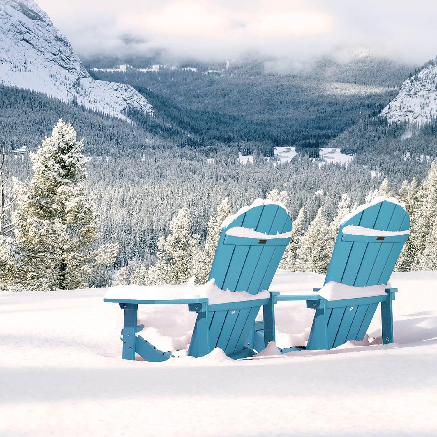 Adirondack Chairs Set of 2, All Weather Resistant Plastic Chairs with Cup Holder, 5 Easy Steps to Install, Outdoor Chairs for Patio, Garden, Backyard Deck, Lawn, Fire Pit - Lake Blue