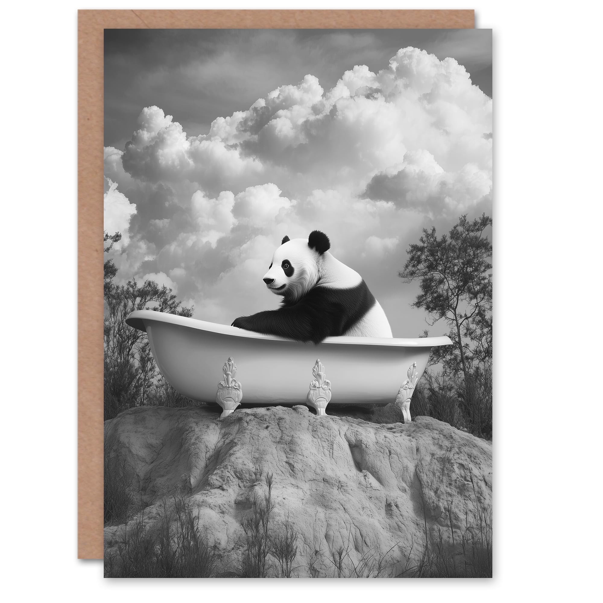 Artery8 Greeting Card Panda Bear in Elegant Bathtub Black White Surreal Blank For Him Or Her Art Birthday Card